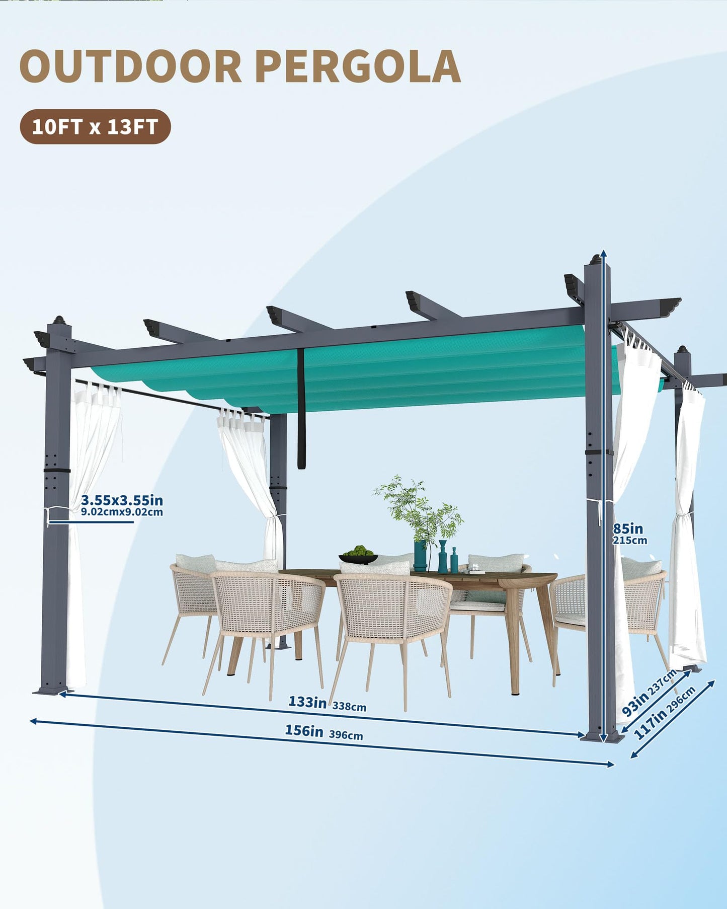 KYBOLT 10x13 Ft Outdoor Pergola with Retractable Canopy & Side Mesh Screen Patio Gazebo for Garden Backyard Deck Grape Trellis(Blue+White)