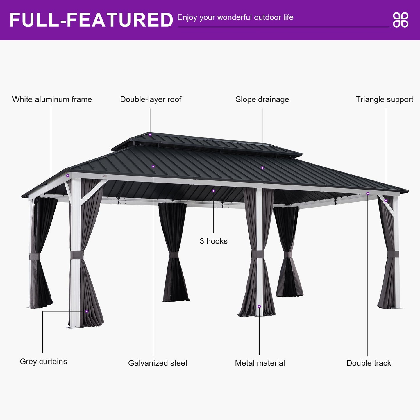 PURPLE LEAF 12' X 20' Hardtop Gazebo Metal Double Roof White Aluminum Frame Outdoor Heavy Duty Gazebo with Curtain and Netting for Patio Garden and Backyard, Grey