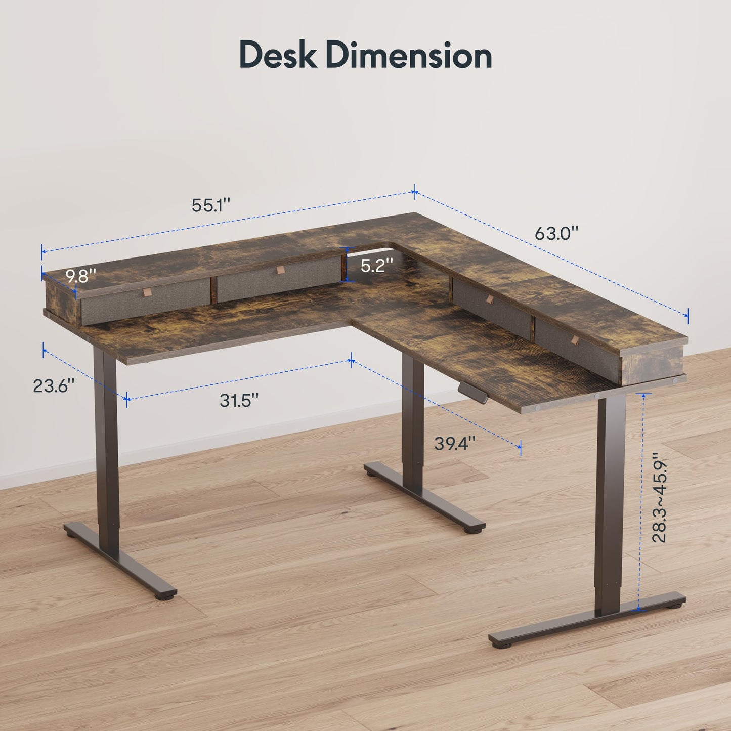 FLEXISPOT 63" L Shaped Standing Desk Electric Corner Table with Shelf, 4 Storage Drawers, Adjustable Computer Workstation for Home, Office, Game, Studio, Rustic Brown Top + Black Frame