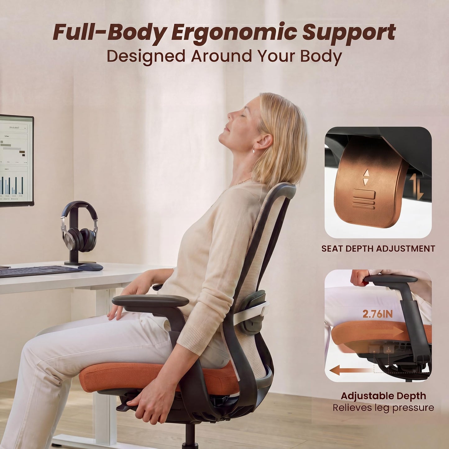 COLAMY Office Chair for Long Hours, Easy Wire-Control Desk Chair with Sliding Seat Depth & Thick Padded Lumbar Support, Heavy Duty 300 LBS High Back Mesh Computer Chair for Home Workstation,Orange
