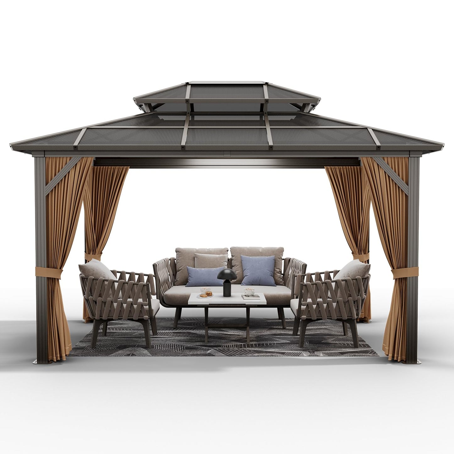 10x12 ft Permanent Aluminum Gazebo with Double-Layer PC Roof, Sturdy Metal Pavilion Canopy, All-Weather Outdoor Sunshade Structure with Retractable Curtains for Patio, Backyard, Garden, Deck