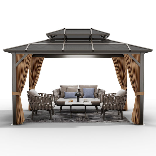 10x12 ft Permanent Aluminum Gazebo with Double-Layer PC Roof, Sturdy Metal Pavilion Canopy, All-Weather Outdoor Sunshade Structure with Retractable Curtains for Patio, Backyard, Garden, Deck
