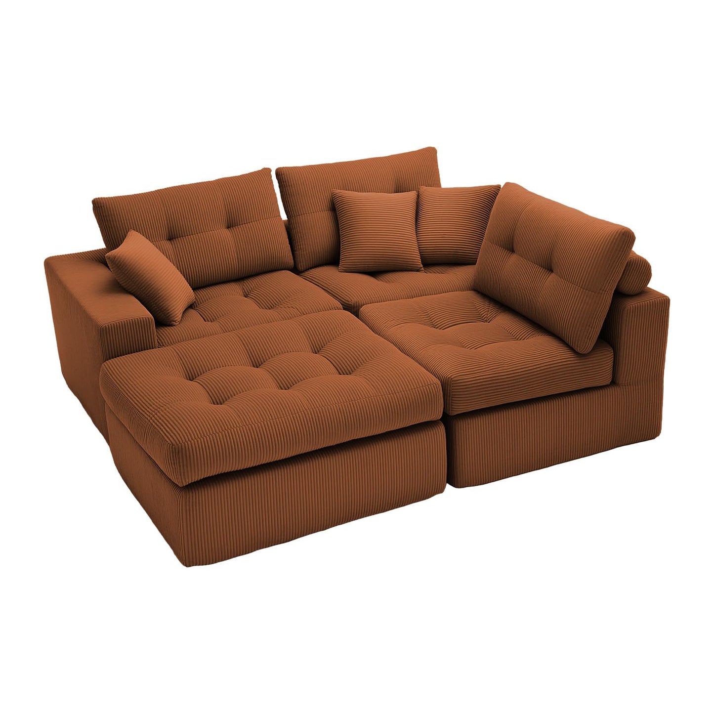 113-Inch L-Shaped Modular Corner Cloud Sofa Corduroy Tufted Foam Sectional with Deep Seat, 4 Pieces Compressed Boneless Sofa Couch with Movable Ottoman & 4 Toss Pillows