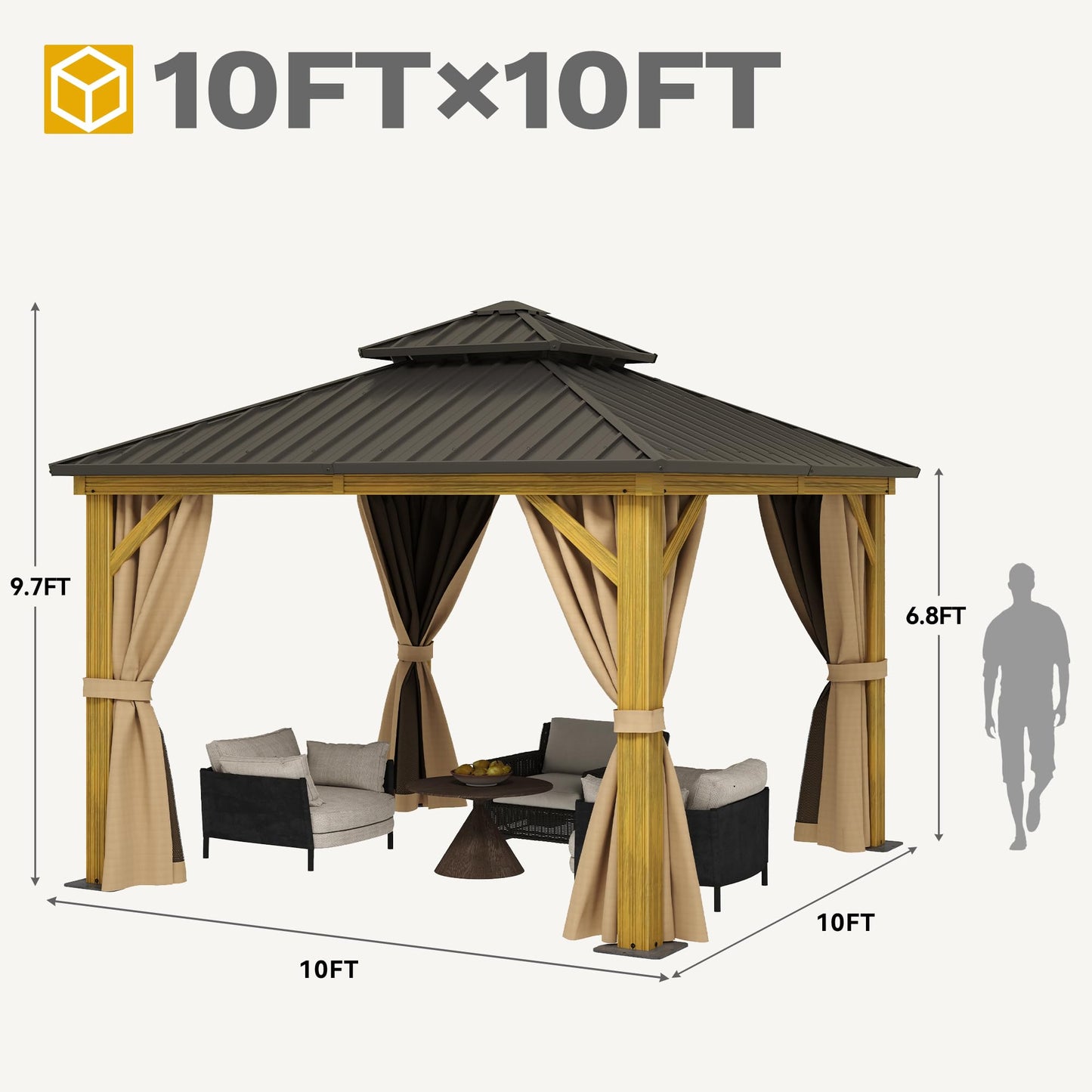 DWVO 10x10ft Gazebo, Wood Grain Aluminum Hardtop Gazebo, Heavy Duty Double Roof Galvanized Steel with Nettings and Curtains for Patio, Backyard, Deck, Lawns, Brown