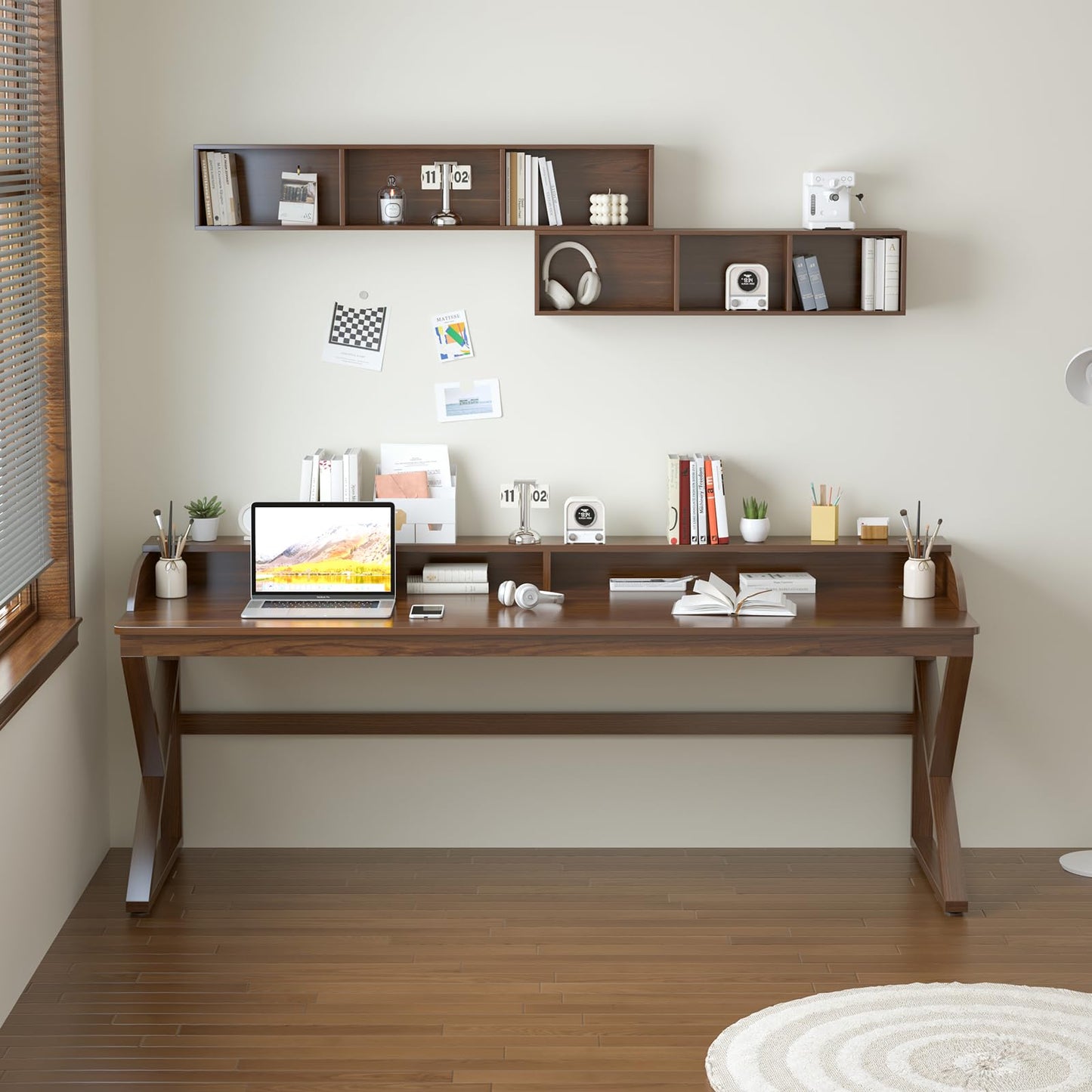 OSCHF Long Desk with Monitor Stand - 71" Double Long Computer Table for 2-Person Workstation, Large Writing Study Work Desk for Home and Office, Walnut