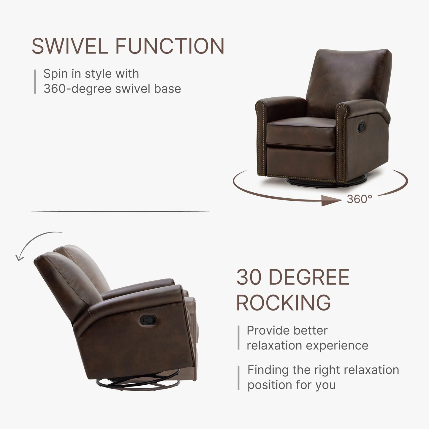 KISLOT Large Leather Recliner Chair Faux Swivel Rocker for Adults Manual Sofa for Living Room Bedroom Home Theater Seating