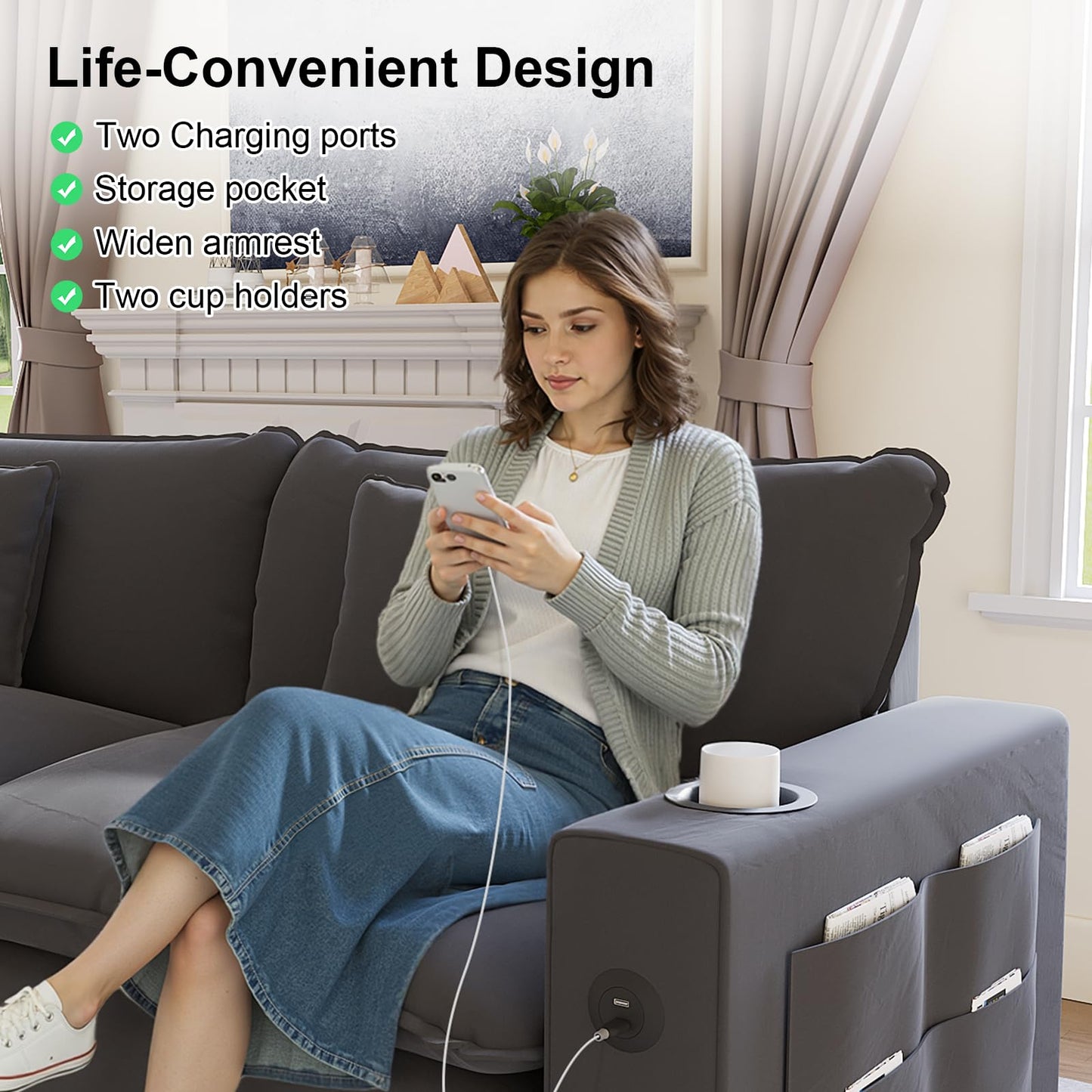 KCGKCG 152" Modular Sectional Sofa, L Shaped Cloud Couch with Movable Ottoman, Chenille Deep Seat Cloud Sofa with Charging Station, Cup Holder, Side Pocket, Sectional Couches for Living Room, Grey