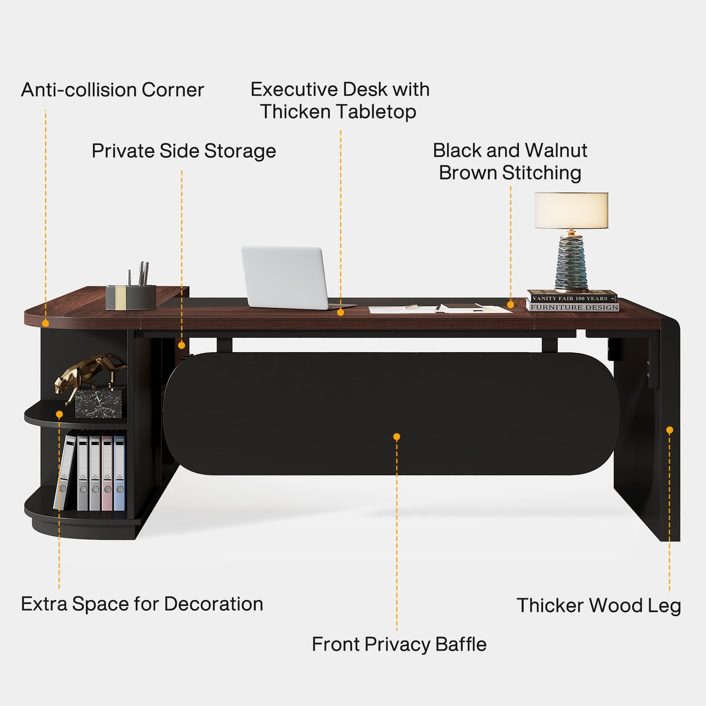Tribesigns 80'' L-Shaped Desk Set of 4, Large Executive Office Desk with 55'' Drawers Cabinet, Modern Computer Table with Storage Shelves, Business Furniture for Office, Walnut & Black
