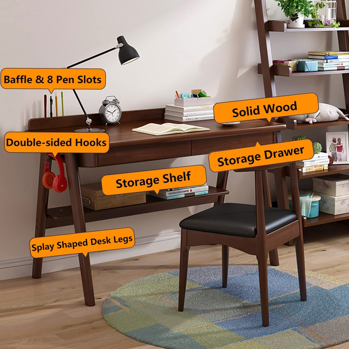 Ytaoka Solid Wood Writing Desk, 47" Mid-Century Modern Walnut Desk, Home Office Computer Desk with 2 Drawers and Storage Shelf, Laptop Desk, Study Table, Work Desk Station