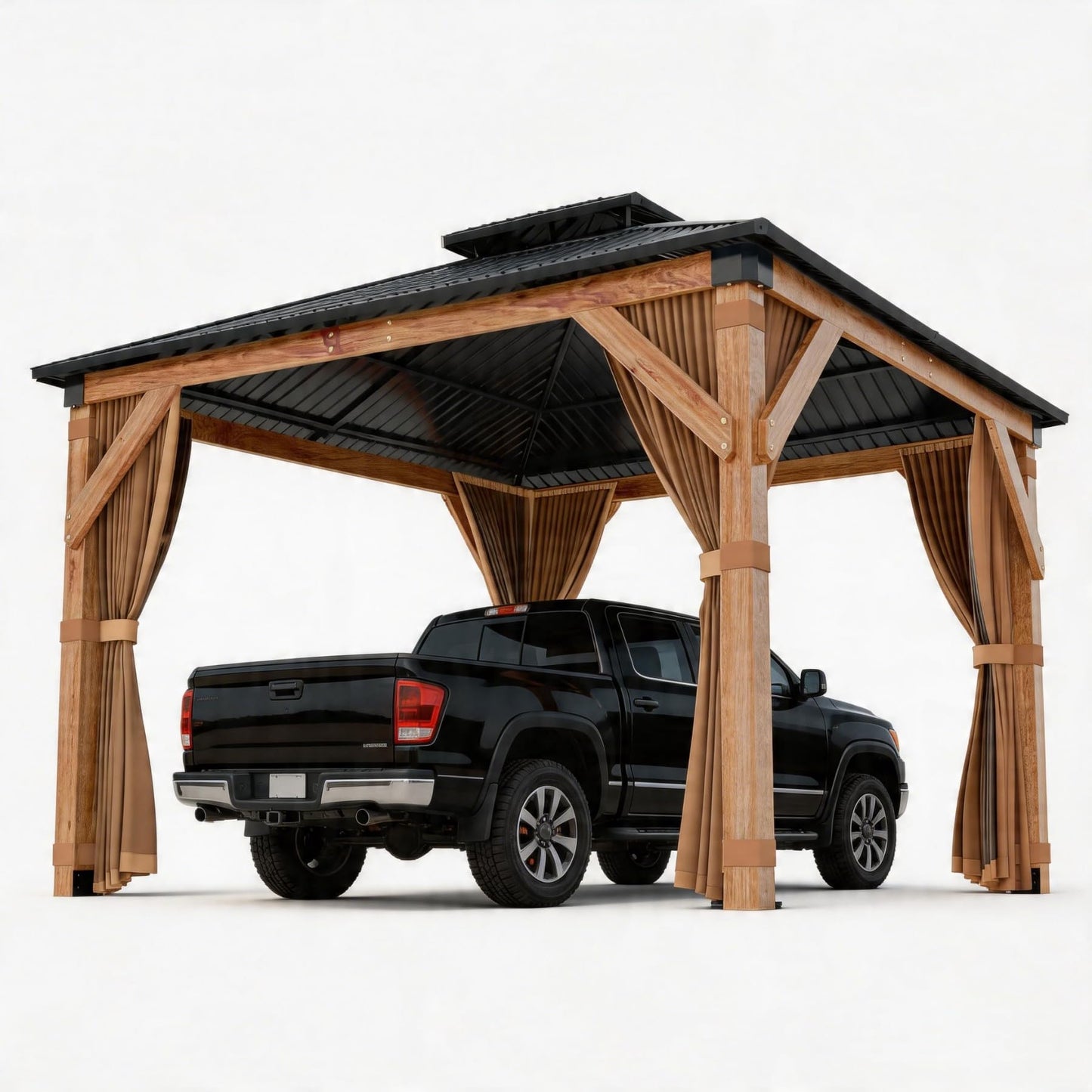 10x12 FT Hardtop Wooden Gazebo with Galvanized Steel Double Roof, Aluminum Frame, Mosquito Netting & Curtains – Durable Outdoor Pavilion for Patio, Backyard, Deck & Lawn