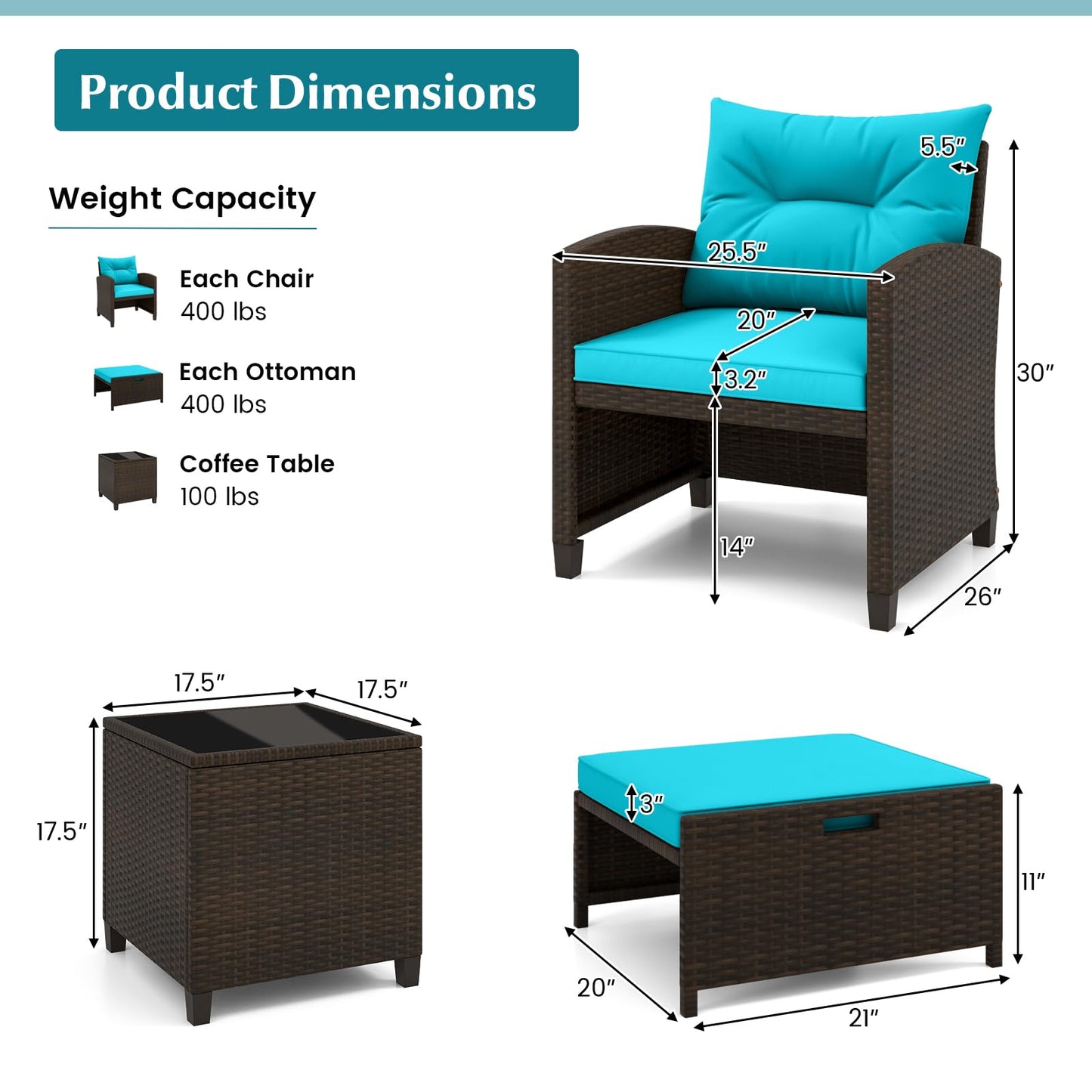 Tangkula 5 Pieces Patio Conversation Set, PE Wicker Outdoor Furniture Set with 2 Chairs, 2 Ottomans & Tempered Glass Coffee Table, Ideal for Poolside, Backyard, Lawn, Deck, Mix Brown & Turquoise