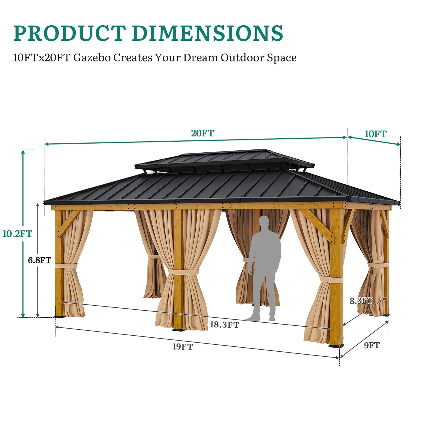YITAHOME 12x20 Wood Gazebo Hardtop with Steel Roof, Heavy Duty Double Roof Galvanized Steel Gazebo with Nettings and Curtains, Outdoor Wood Frame Gazebo for Patio, Backyard, Deck, Lawns