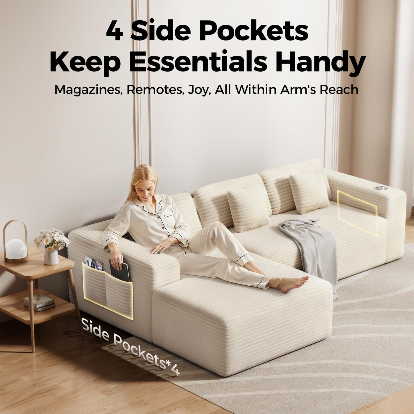 CAMMOO 108” Cloud Sectional Couch in One Box, Compressed Modular Sectional Sofa with Deep Seat, Corduroy Boneless Couches, L-Shaped Sofa for Living Room, 4 Storage Pockets(Left Facing Chaise, Beige)