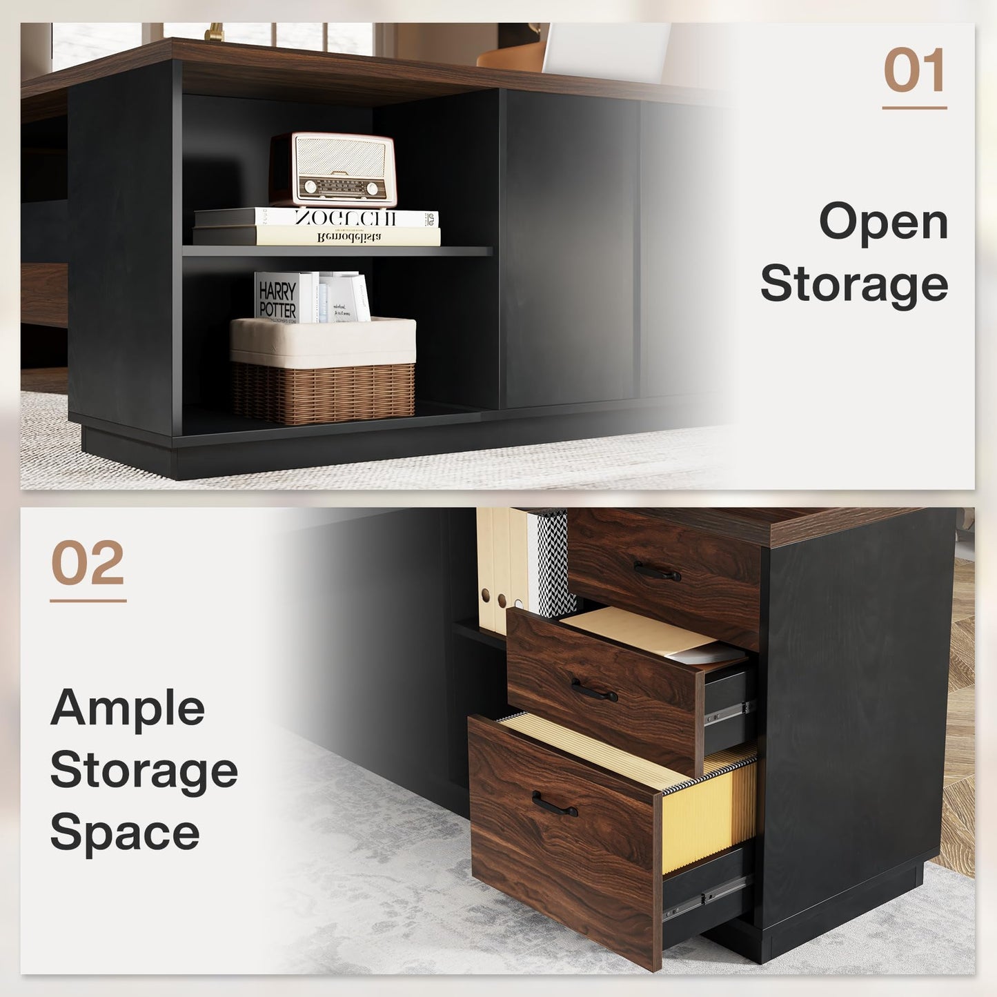 Tribesigns 78" L-Shaped Executive Desk, Large Office Desk with Drawers and File Cabinet, Modern Business Furniture for Home Office (Walnut & Black)