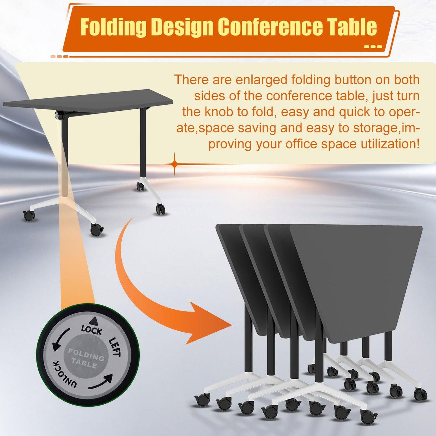 Modular Conference Table,Modern Flip Top Folding Meeting Room Table,47.2in Mobile Training Seminar Table with Wheels,4 Pack Stackable Rollling Conference Room Tables for Office,Classr,Support 550lbs