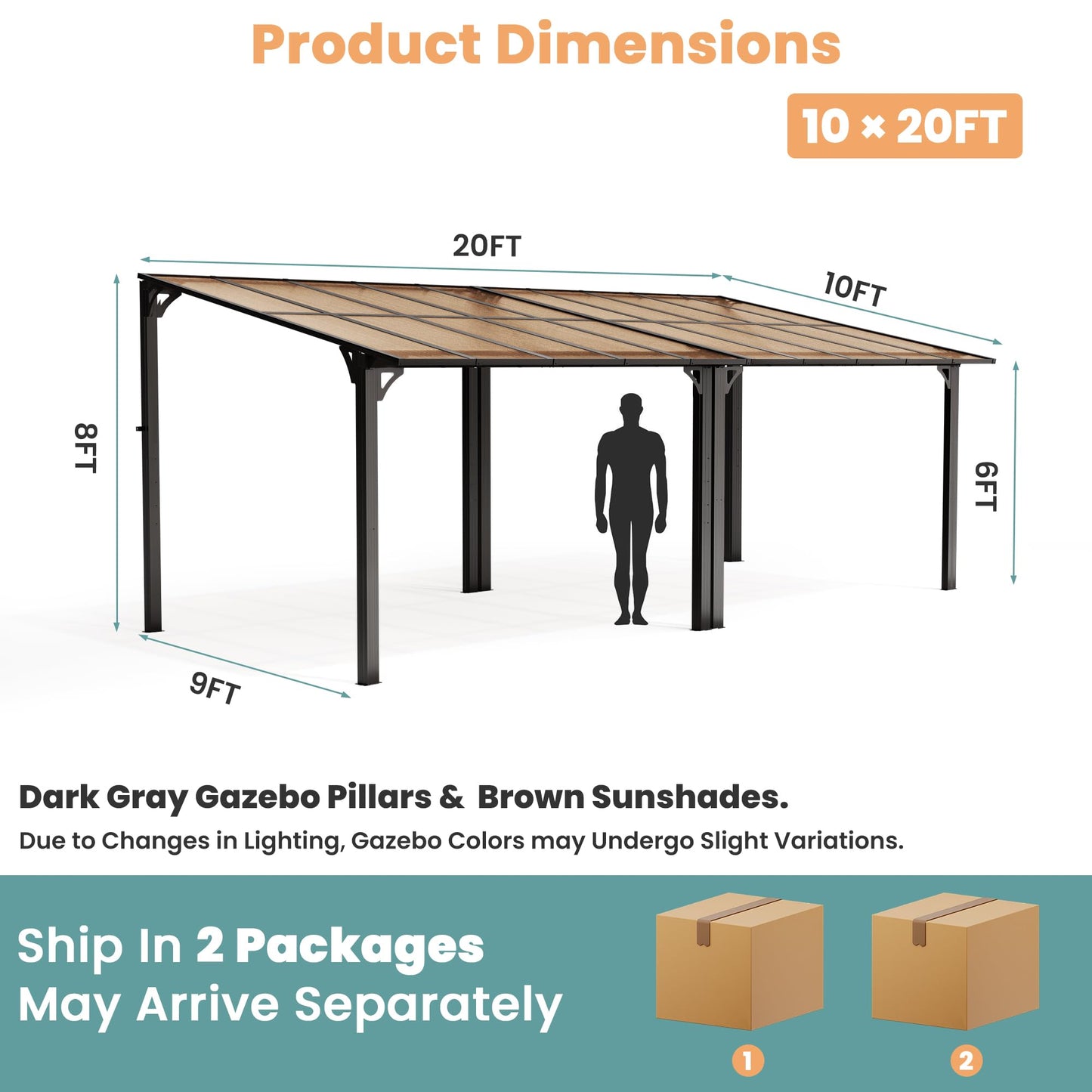Pamapic 10x20FT Wall Mounted Gazebo, Hardtop Lean to Gazebo with Aluminum Frame & UV Resistant Polycarbonate Roof, Outdoor Patio Awning for Deck, Porch, Lawn & Backyard