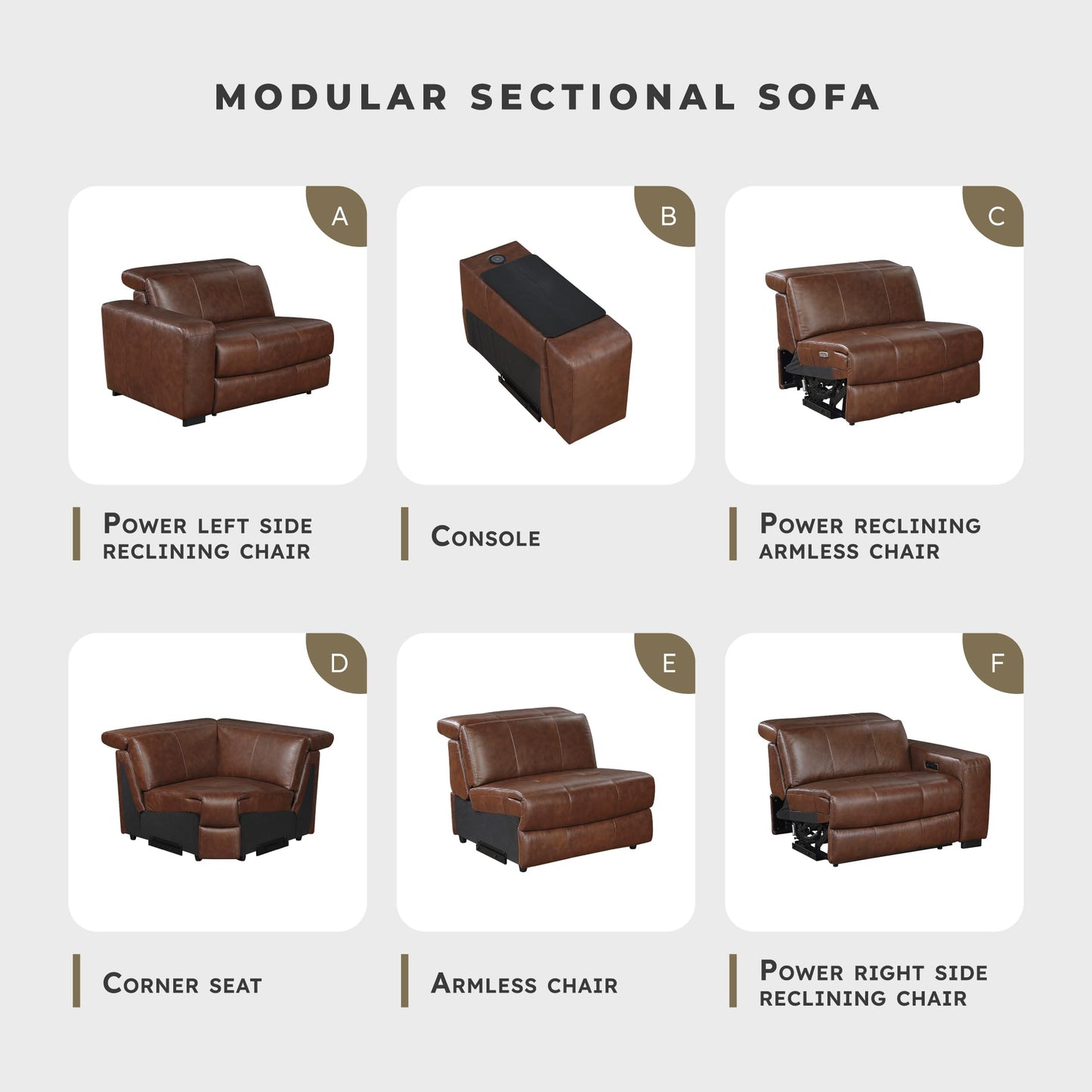 Lexicon Sectional Couches for Living Room-Modular Sectional Sofa, Power Double Reclining Loveseat with Center Console, Power Headrests, Charging Ports, Dual Cup Holders, Top Grain Leather Brown