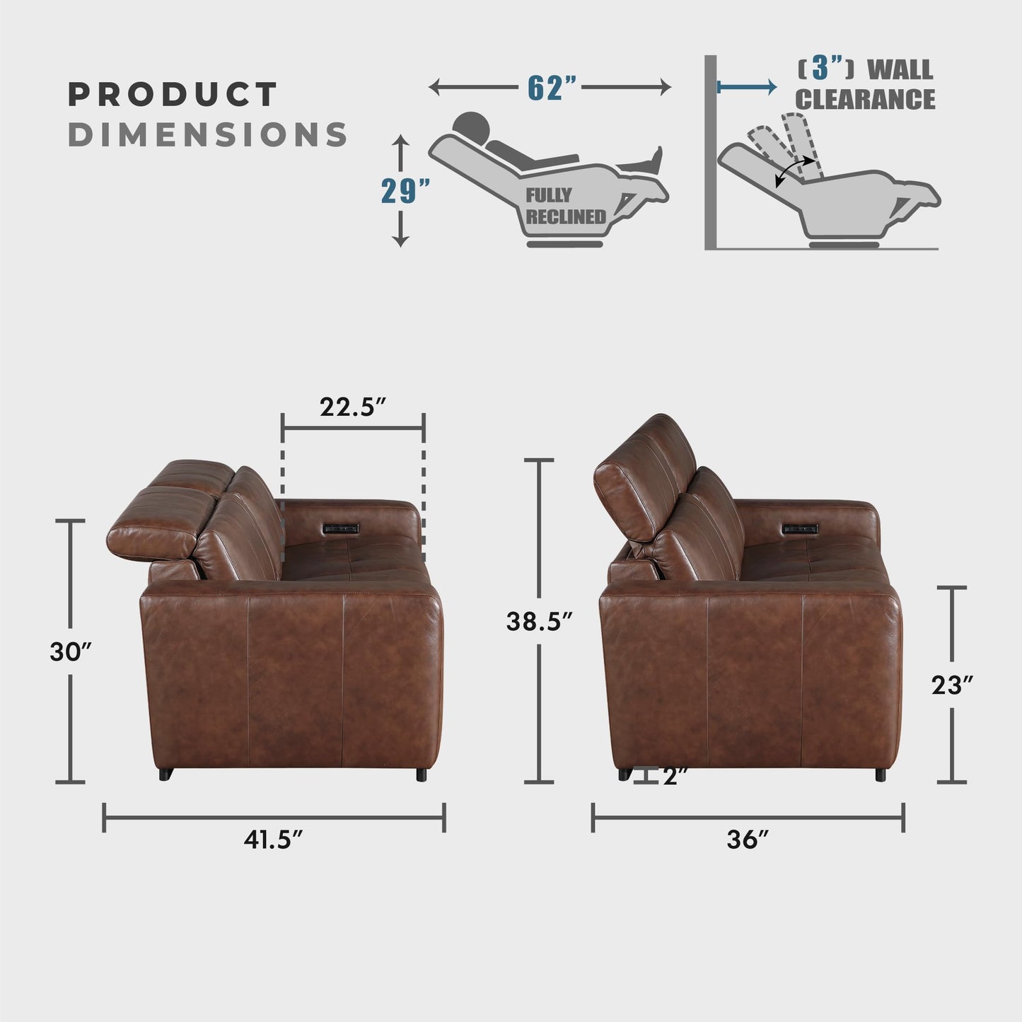 Lexicon Sectional Couches for Living Room-Modular Sectional Sofa, Power Double Reclining Loveseat, Power Headrests, Charging Ports, 2 Seater Recliner Couch, Top Grain Leather Brown