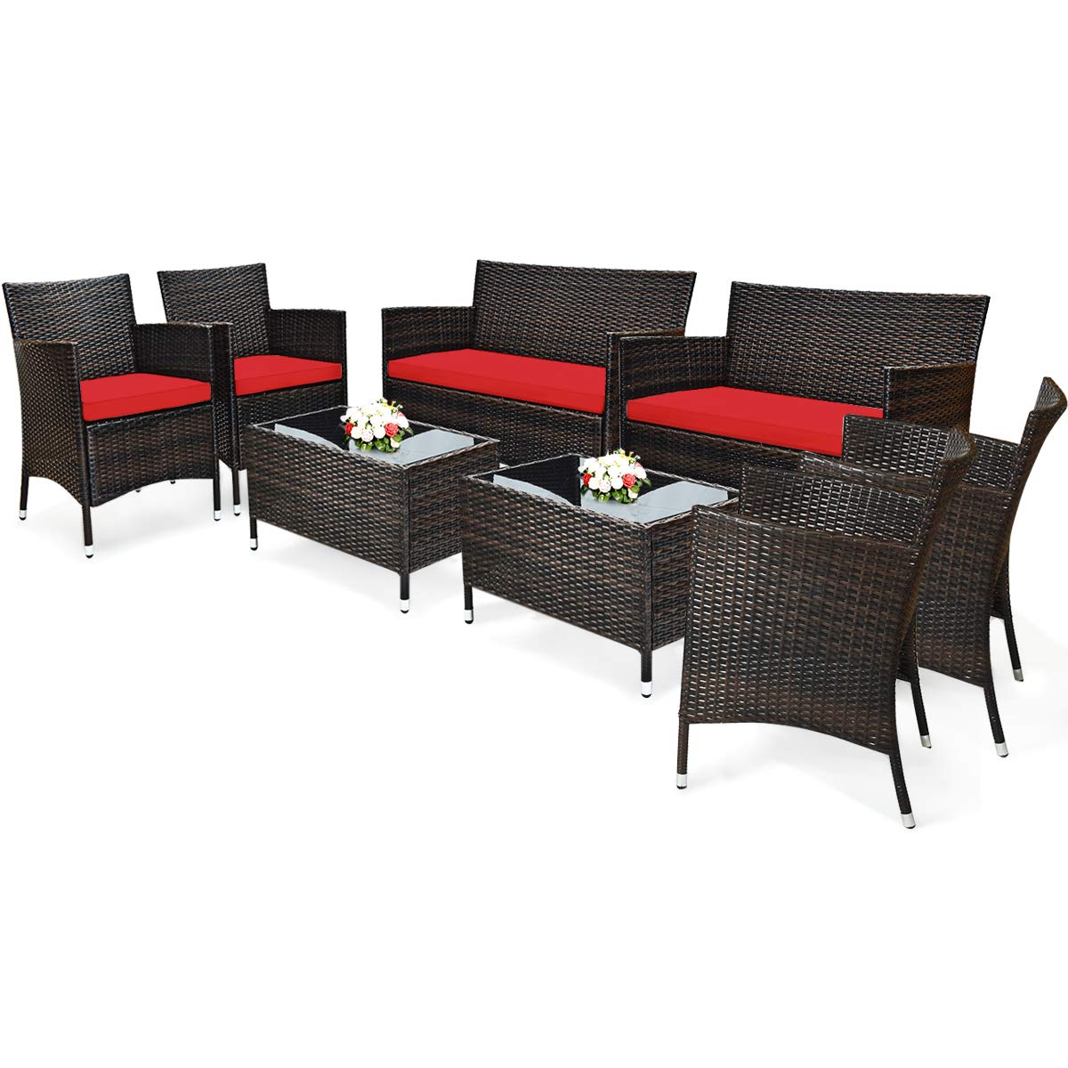 COSTWAY 8PCS Rattan Patio Furniture Set, Outdoor Wicker Rattan Chairs with Coffee Table, Rattan Cushioned Conversation Set for Backyard Balcony Porch Poolside, Red