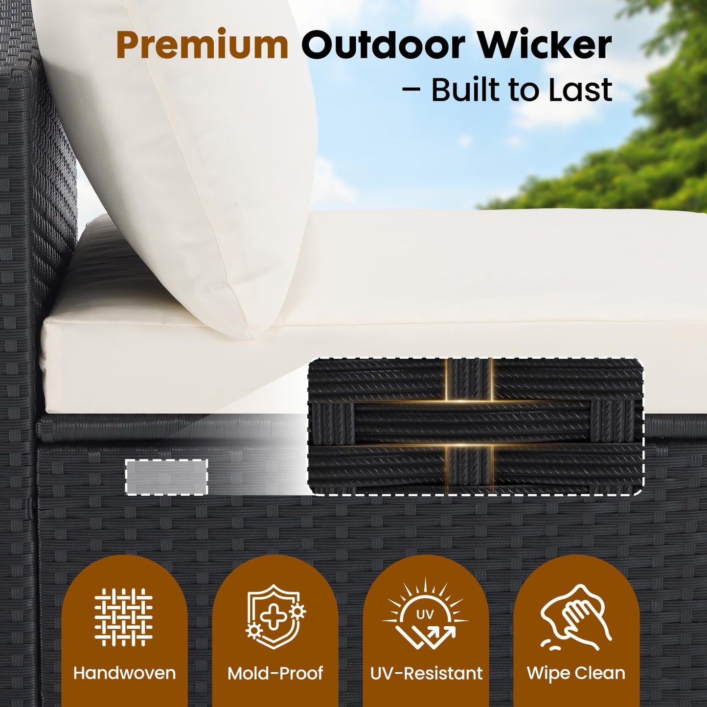 Sweetcrispy 7-Piece Outdoor Patio Sectional Sofa, Modular PE Wicker Outdoor Sectional with Thick Cushions, Rattan Patio Sofa Set with Coffee Table for Backyard, Poolside, Garden, Deck, Black