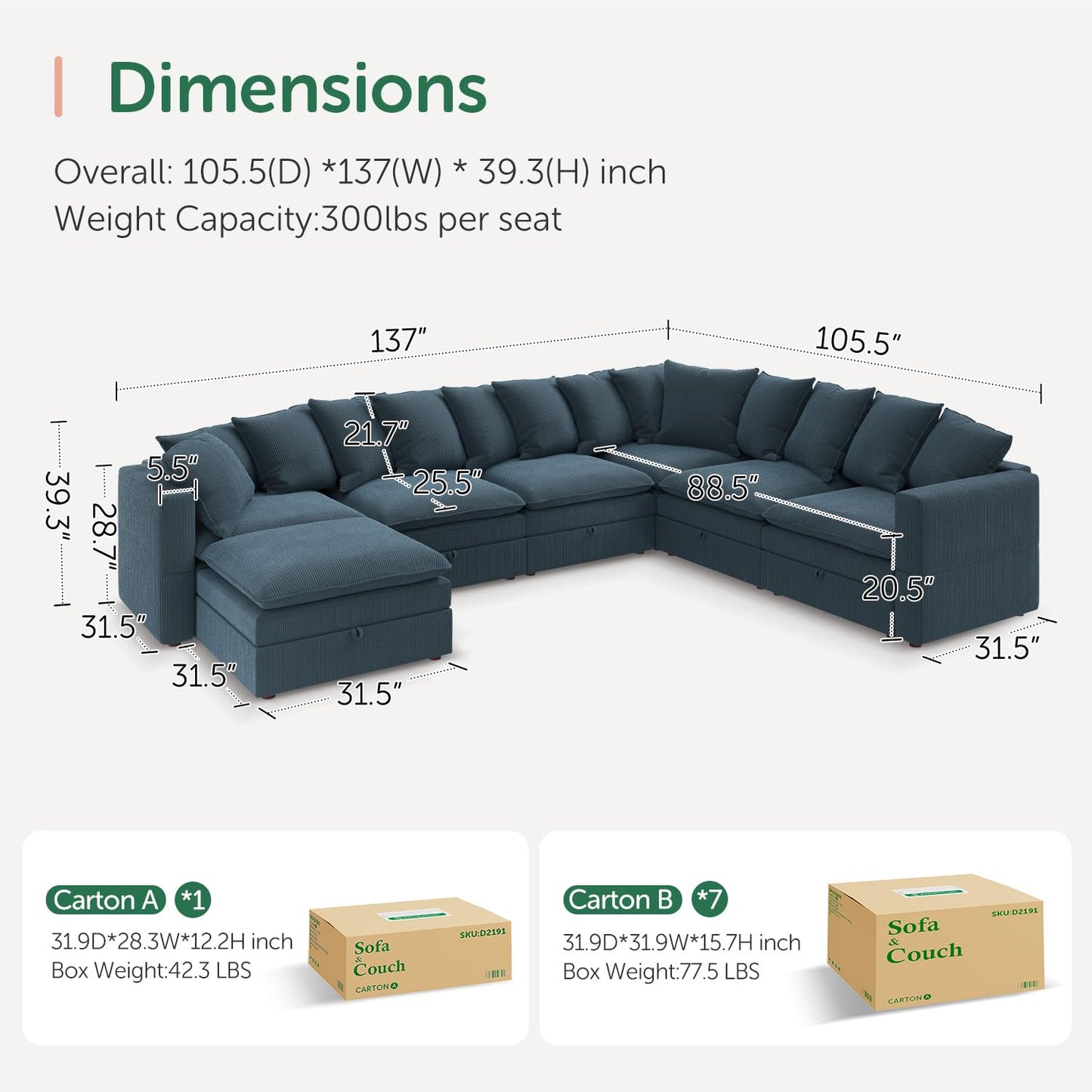 HONBAY Modular Sectional Sofa with Ottoman, 7 Seat U Shaped Couch with Storage & Pillows, 137 Inch Oversized Sectional Sofa for Living Room, Blue