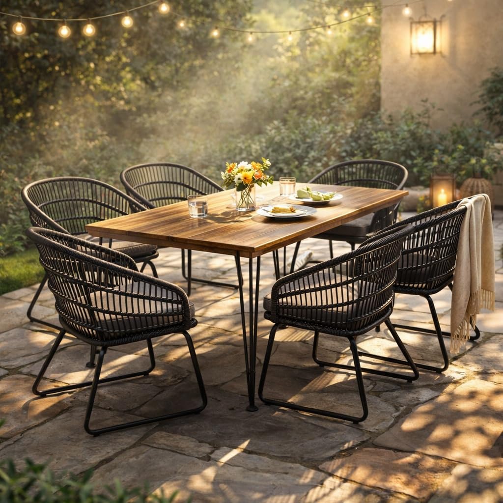 Christopher Knight Home Terry Acacia Wood Patio Dining Set for 6, Rectangular Patio Dining Table and Faux Rattan Chairs Set of 6, 7 Piece Outdoor Dining Set with Cushion and Iron Frame, Teak+Gray