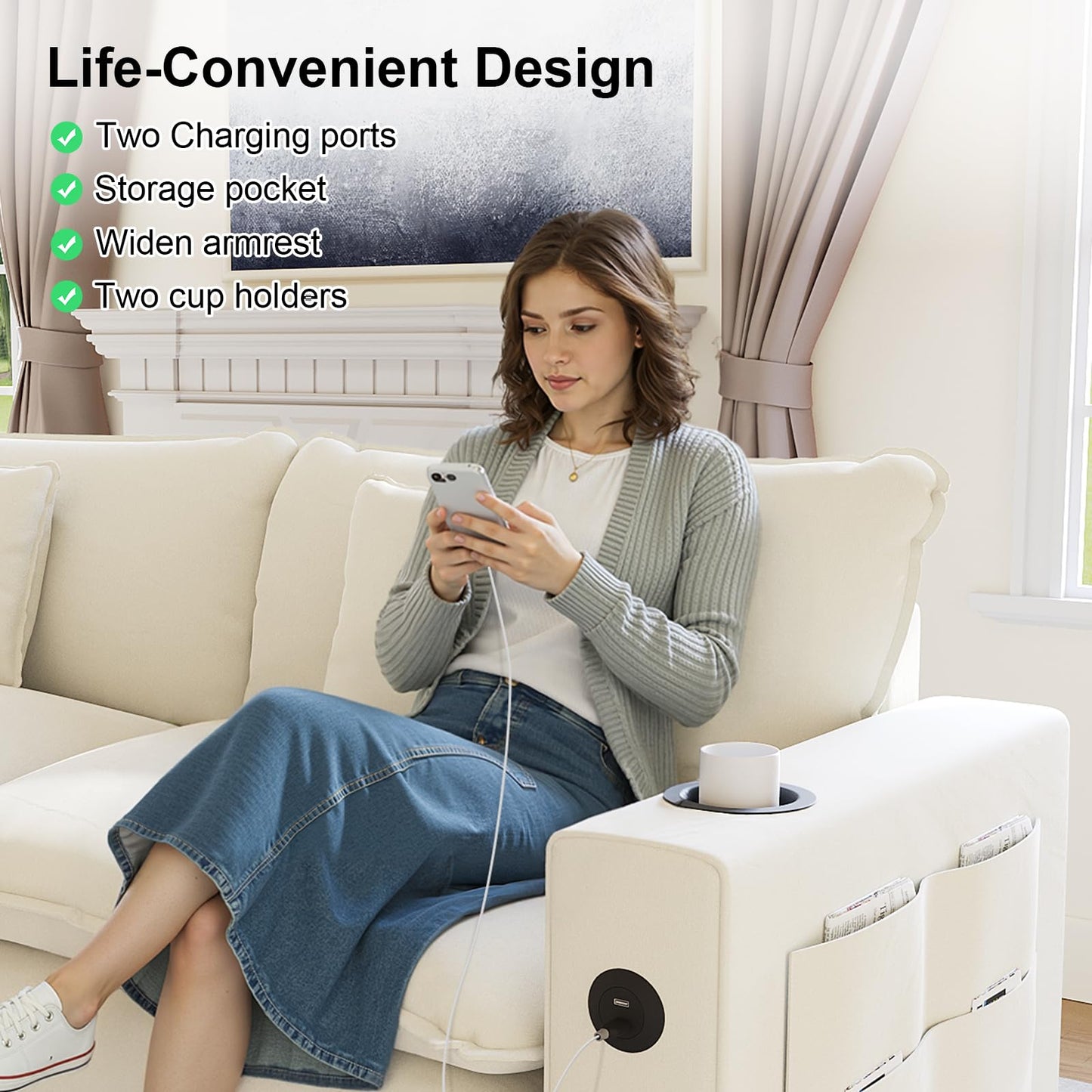 KCGKCG 116" Modular Sectional Sofa, U Shaped Cloud Couch with Movable Ottoman, Chenille Deep Seat Cloud Sofa with Charging Station, Cup Holder, Side Pocket, Sectional Couches for Living Room, Beige