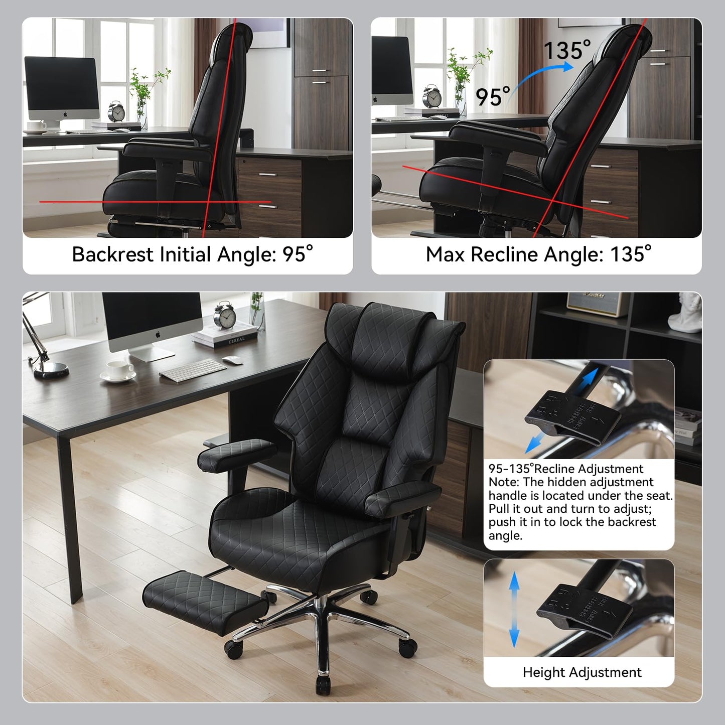 EXCEBET Big and Tall Office Chair with Footrest, PU Leather High Back Executive Office Chair 400lbs, Ergonomic Computer Chairs Lumbar Support for Heavy People (All Black)
