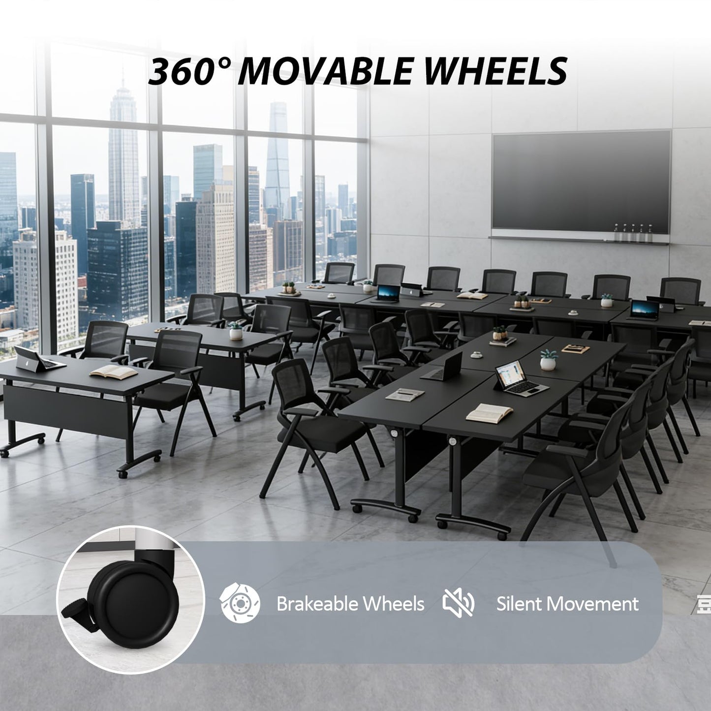 Conference Room Table with Wheels 6ft Folding Modular Large Black Conference Table Foldable Modern Rectangle Training Meeting Tables for Classroom Office(6, Black, D 55")