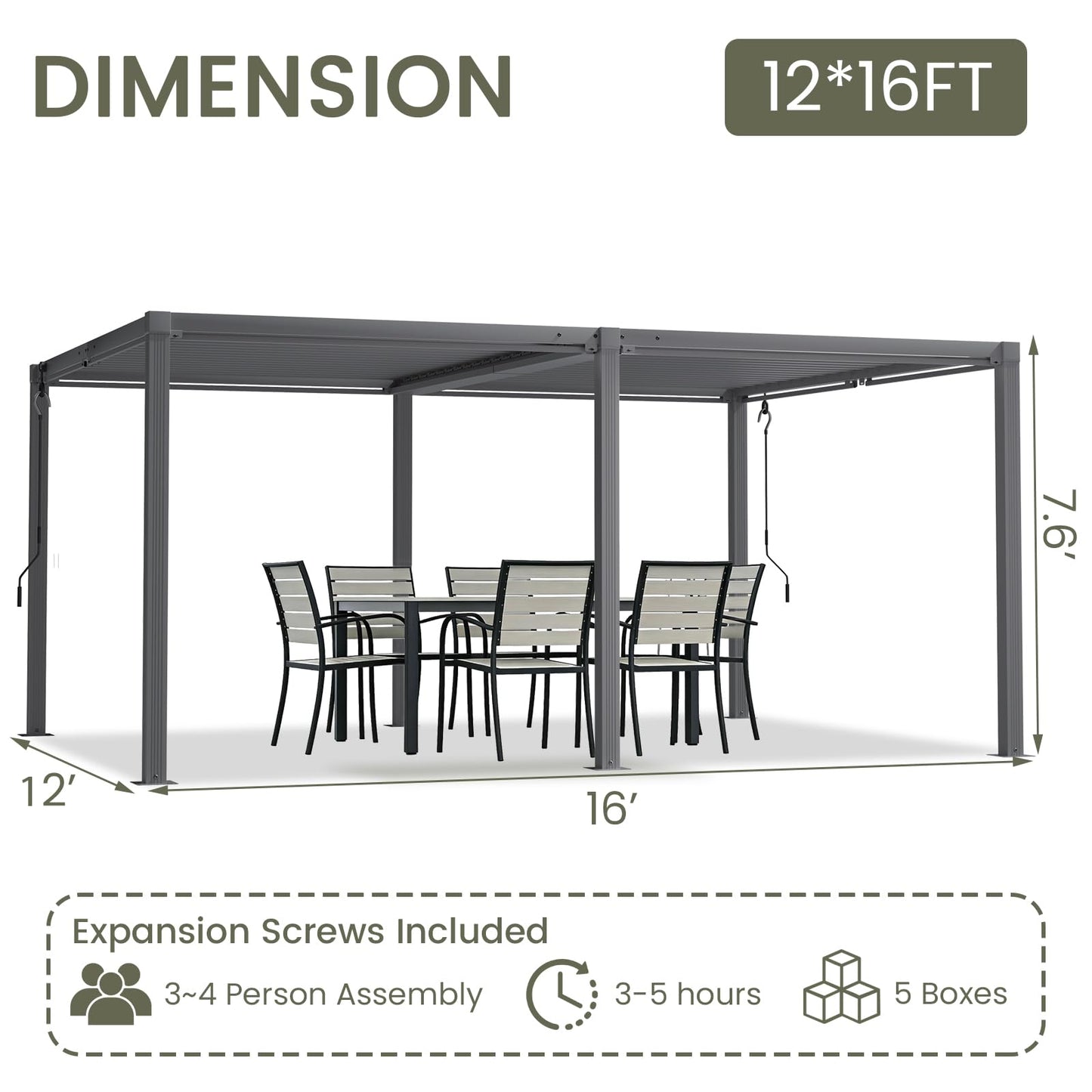 SAILARY Louvered Pergola 12' x 16', Outdoor Aluminum Pergola with Reinforced Steel Roof, Heavy-Duty Hardtop Gazebo for Backyard Deck, Weatherproof Sun Shade Shelter, Grey