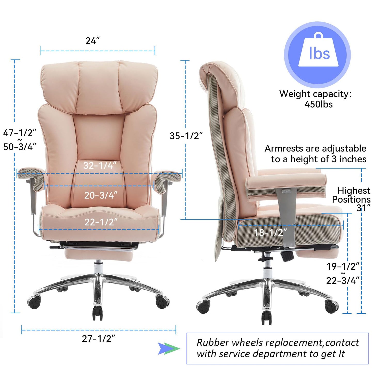 Efomao Big and Tall Office Chair for Women 400lbs - Heavy Duty Executive Desk Chair with Footrest & 23" Wide Seat - High Back Computer Chair for Heavy People, Home Office, Pink