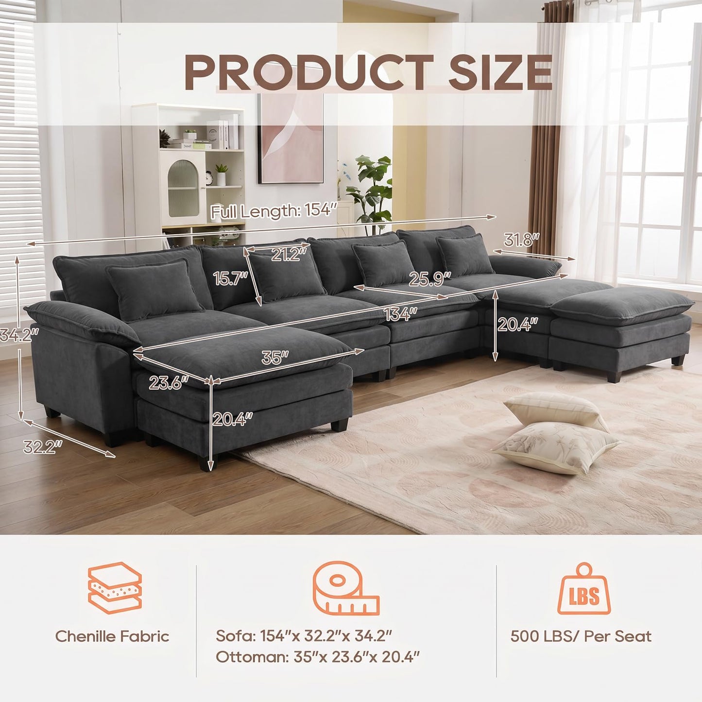 IPKIG 154" Modular Sectional Sofa, Velvet C-Shaped Sectional Couch Comfy Upholstered Seat Sofa with Ottoman, Deep Seat Cloud Couch Sofa for Living Room, Dark Grey