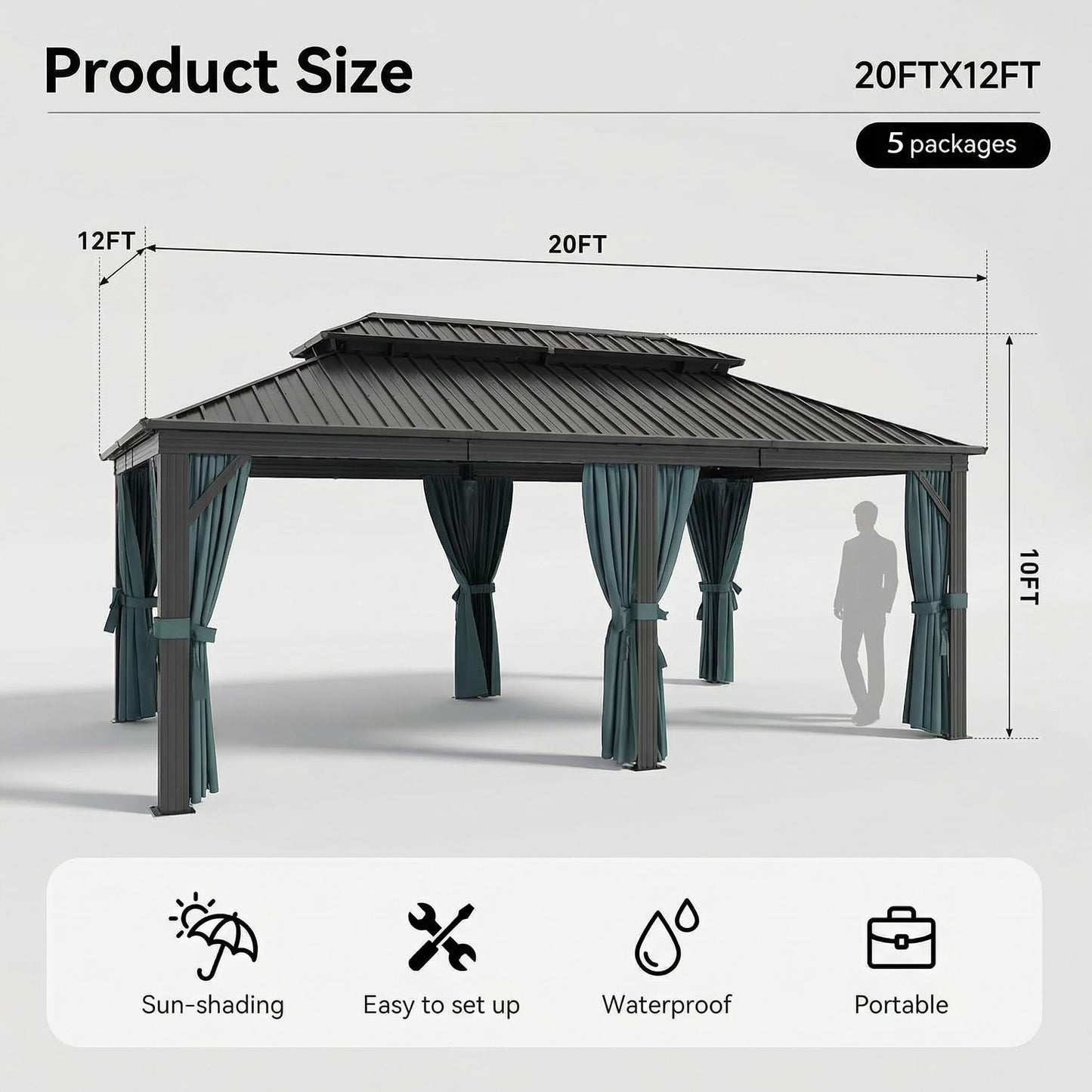HOTEEL 12x20 Gazebo on Clearance with Metal Roof, Heavy Duty Hardtop Gazebo with Flame-Retardant Curtain & Netting, Outdoor Hard Top Gazebos with Galvanized Steel Double Roof for Backyarad,Patio Black