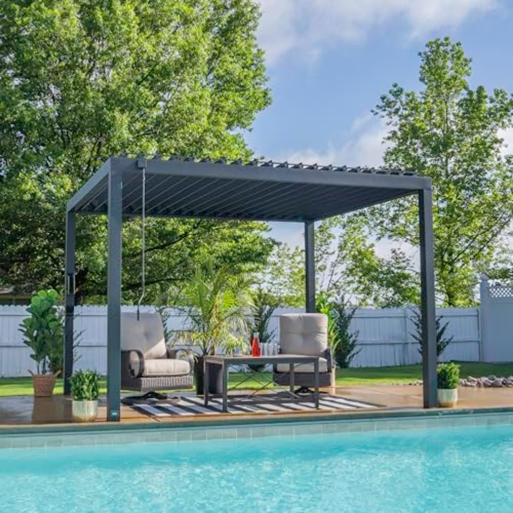 Backyard Discovery Sarasota 12' x 10' Galvanized Steel Louvered Pergola Kit with Adjustable Roof, Shade, Rain Protection, High-Wind Rating, Gutter System for Outdoor Patio, Garden, Deck, Entertaining