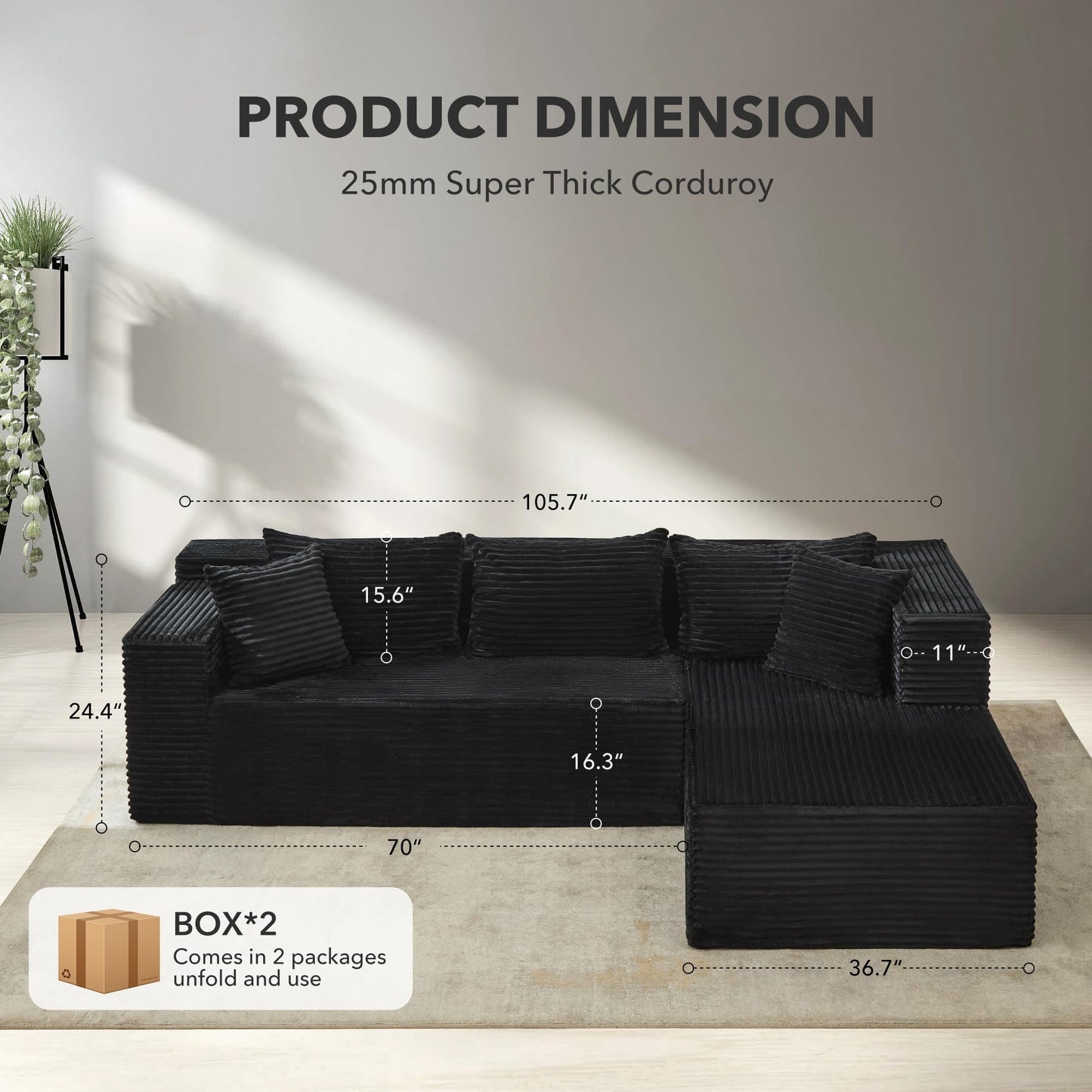 Modular Sectional Sofa Cloud Sectional Couch, 106" Comfy L Shaped Black Couches for Living Room, Deep Seat Memory Foam Plush Corduroy Boneless Couch Sectionals with L Facing Chaise Sofa