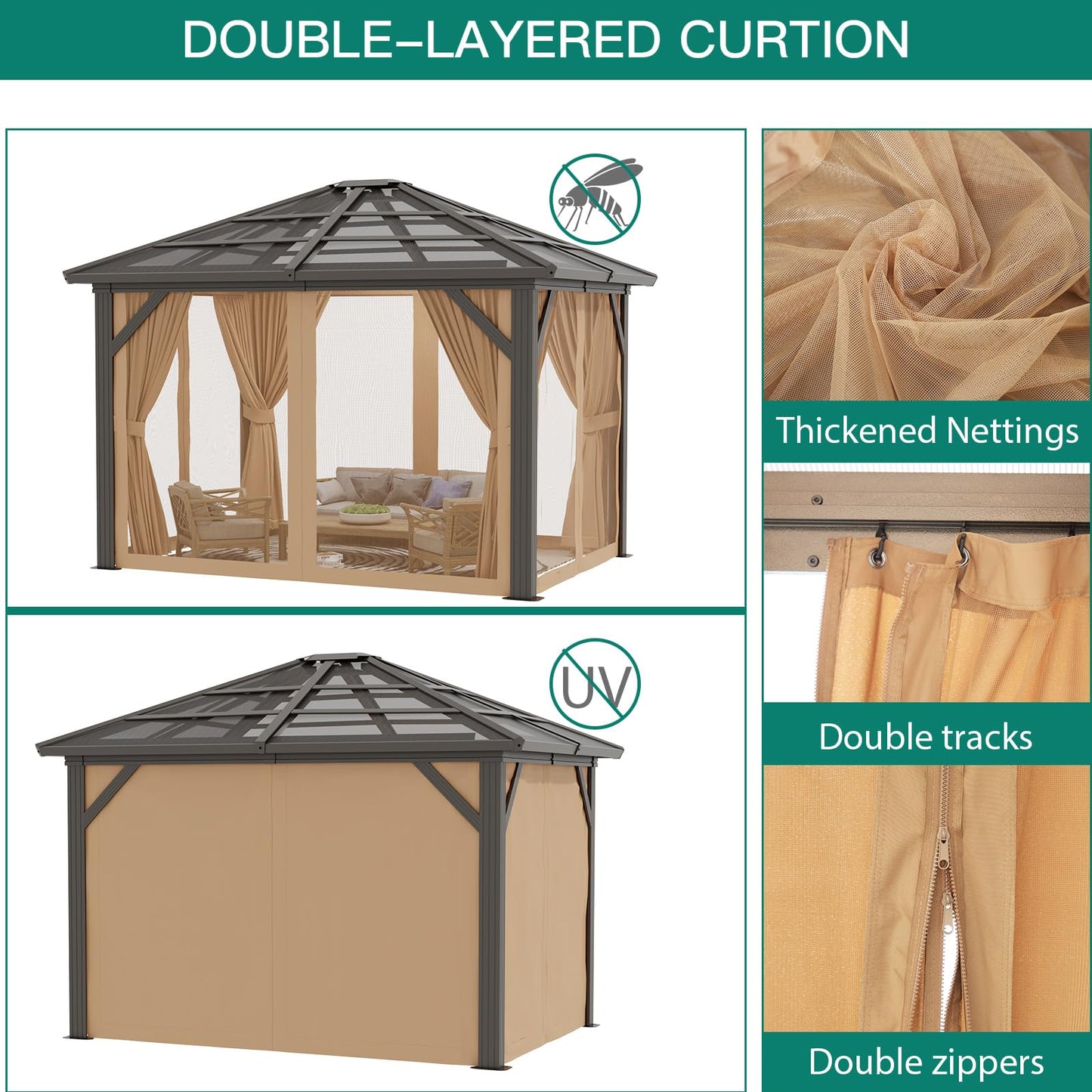 GAOMON 10'x12' Hardtop Gazebo, Outdoor Polycarbonate Double Roof Canopy, Aluminum Frame Permanent Pavilion with Curtains and Netting, Sunshade for Garden, Patio, Lawns (10x12ft), Brown