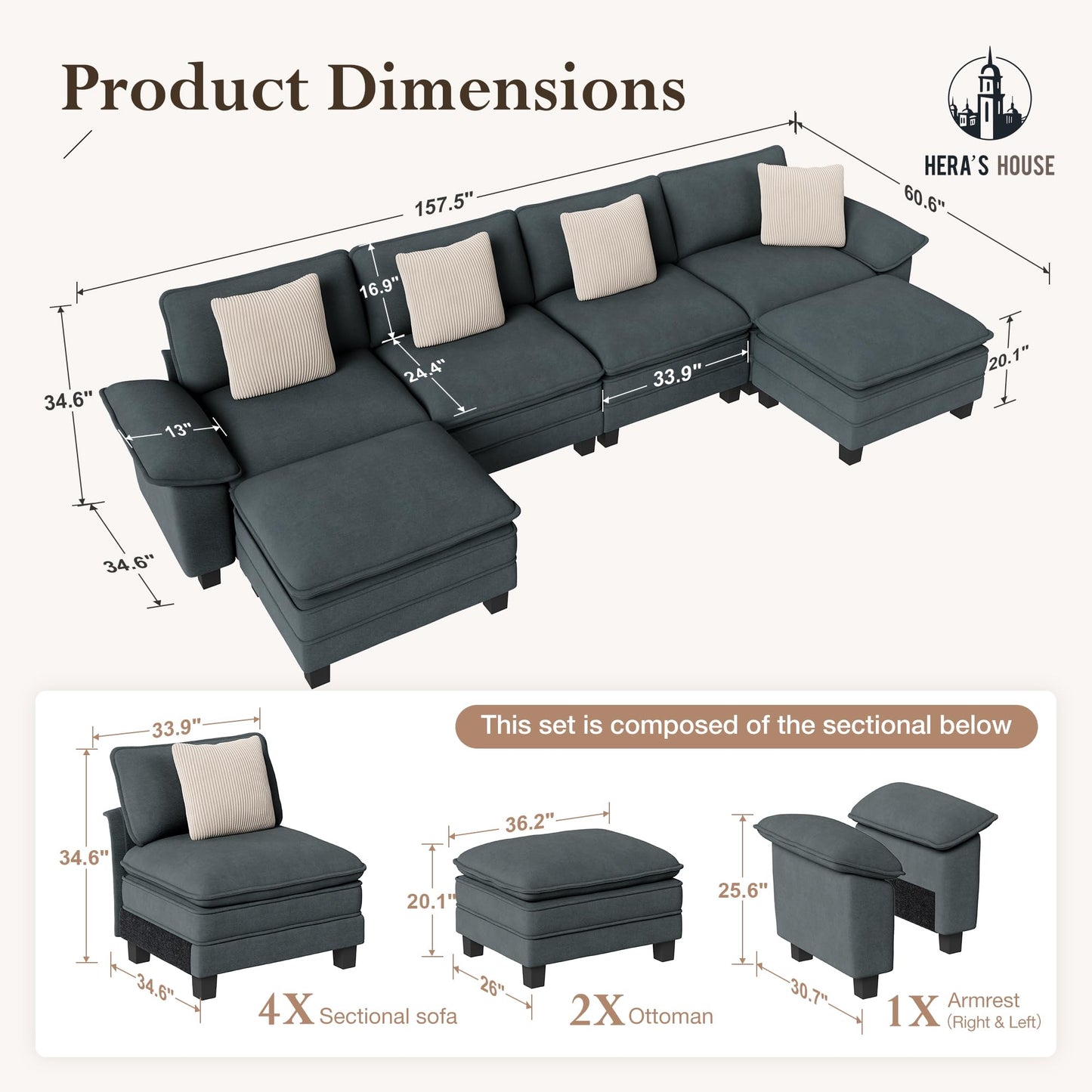 HERA'S HOUSE 158" Modular Sectional Sofa, Oversized U Shaped Couches for Living Room, Comfy Cloud Couch with Ottoman, 6-Seater Deep Seat Sofa with Throw Pillow, Chenille Blue