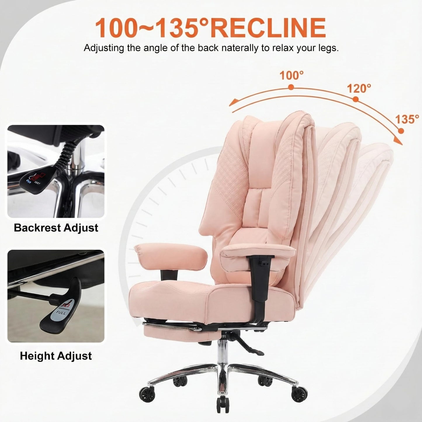 EXCEBET Big and Tall Office Chair 400lbs Wide Seat, Leather High Back Executive Office Chair with Foot Rest, Ergonomic Chairs Lumbar Support for Lower Back Pain Relief (Light Pink)