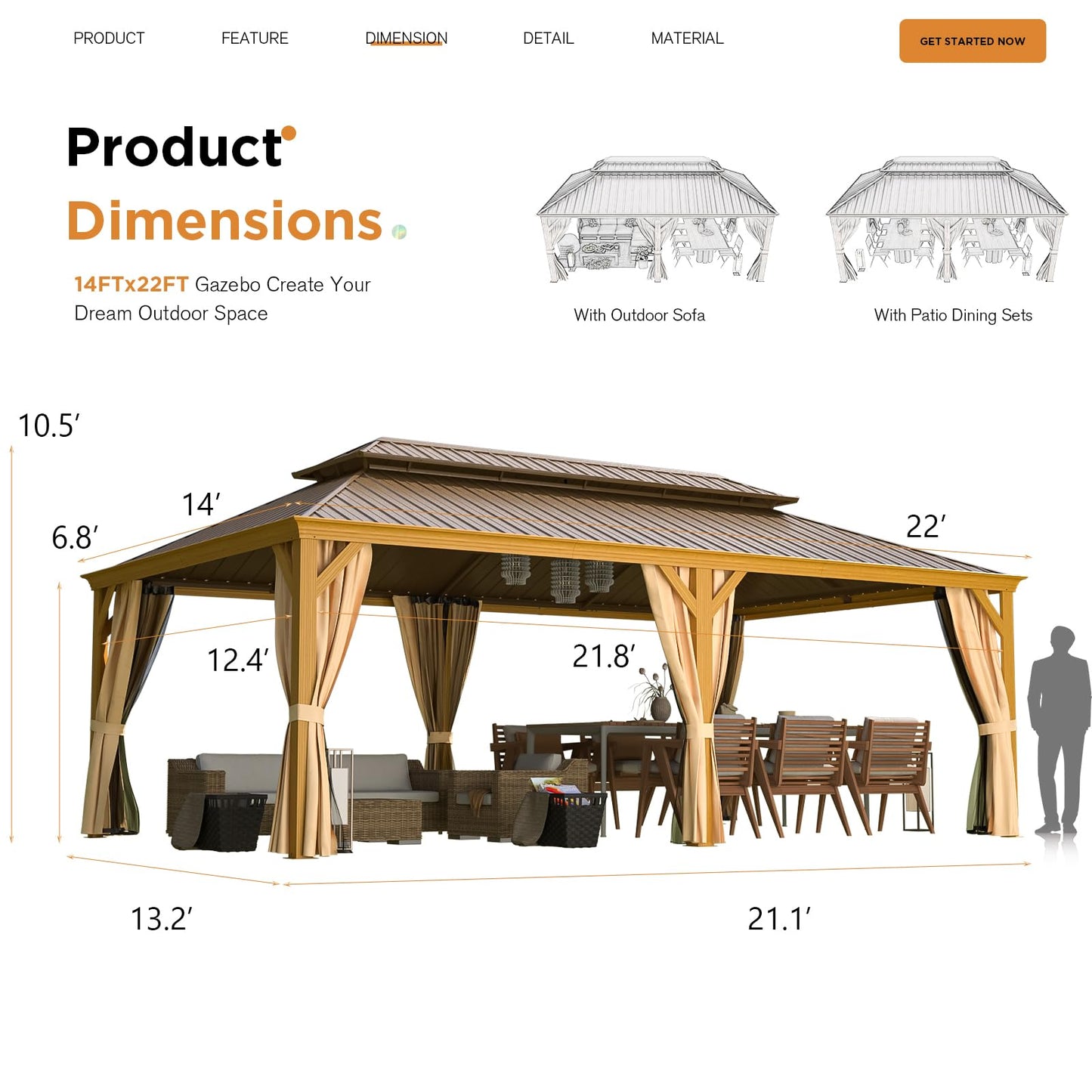 EROMMY 14'x22' Hardtop Gazebo, Galvanized Steel Double Roof with Wood Grain Aluminum Frame, Outdoor Gazebo with Curtains and Nettings for Patio, Backyard and Deck