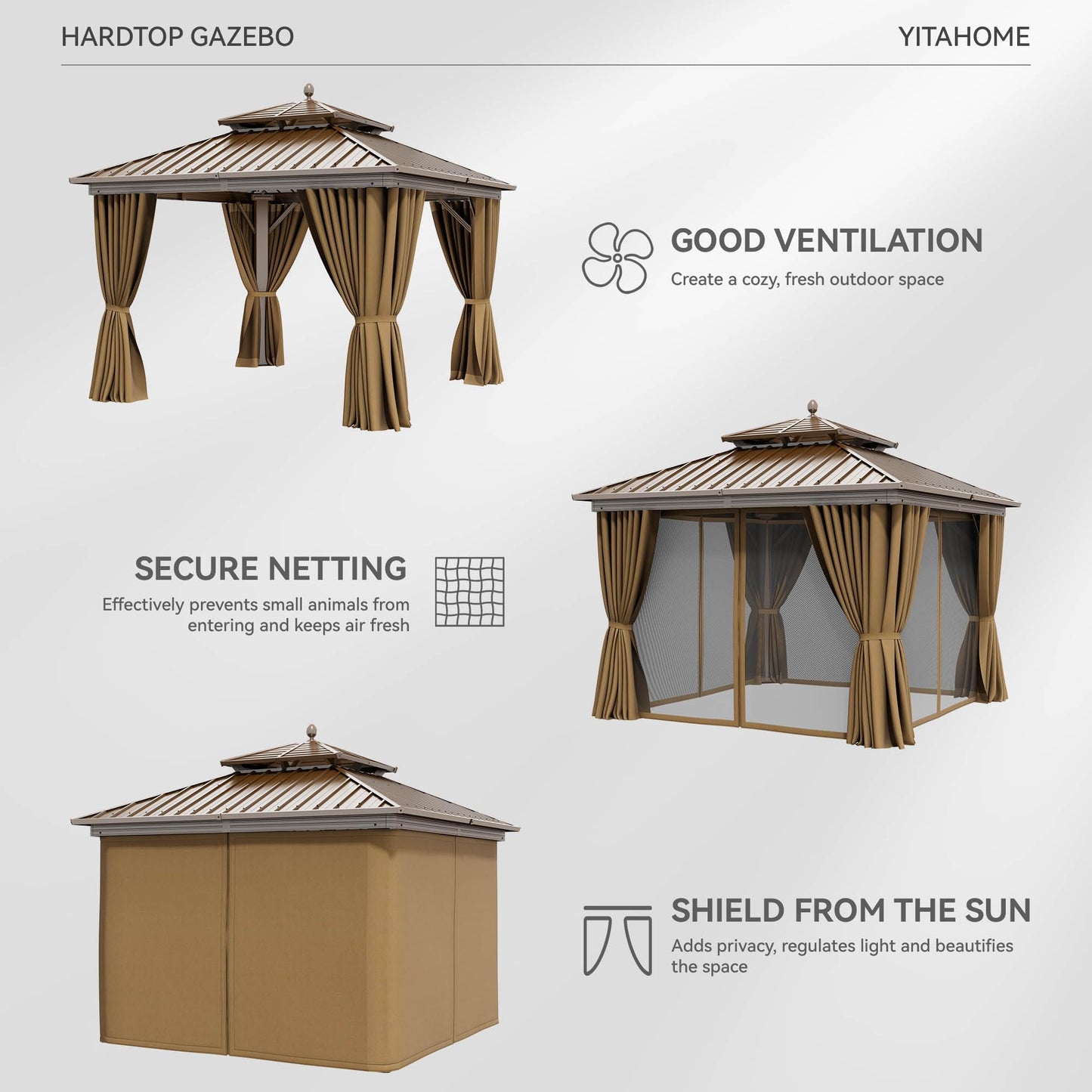 YITAHOME 10x10ft Hardtop Gazebo with Nettings and Curtains, Aluminum Frame Heavy Duty Double Roof Galvanized Steel Outdoor for Patio, Backyard, Deck (Bronze)