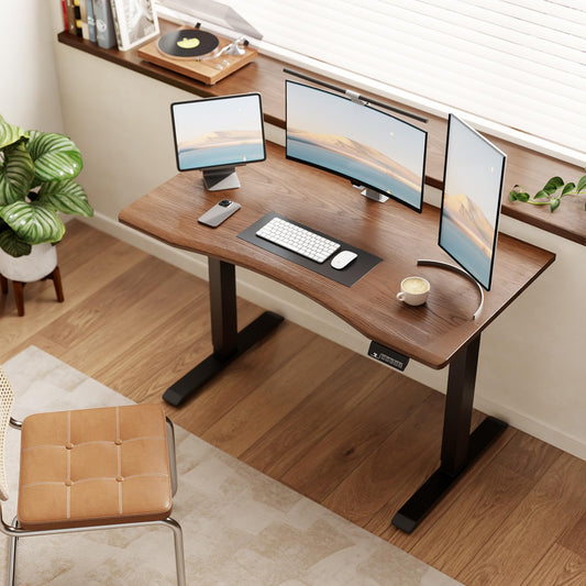 Solid Wood Electric Standing Desk 47.2"x23.6"Home Office Desk,Adjustable Workbench with 3 Stages Single Motor, Computer Workstation with T-Shaped Metal Bracket,Walnut Standing Table for Gaming(1 Box)