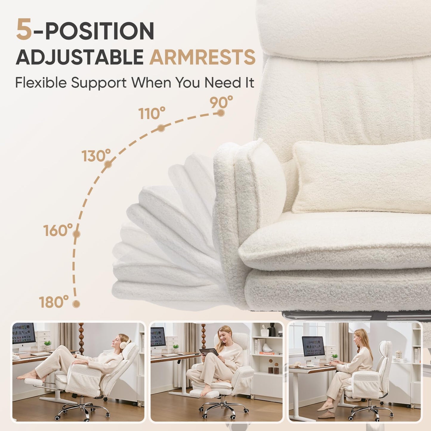EGSEAT Big and Tall Office Chair with Flip Armrests, Cross Legged Office Chair with Storage Pockets, Comfortable Reclining Computer Chair with Foot Rest, Wide Home Desk Chair, Teddy Fleece, Cream