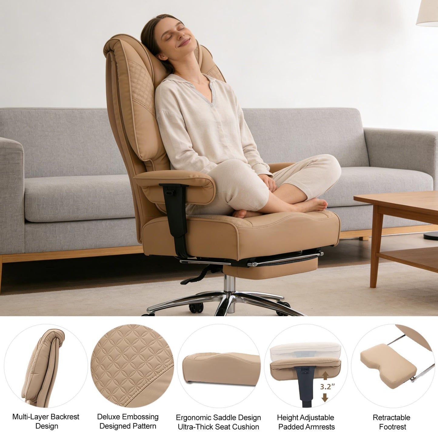 EXCEBET Big and Tall Office Chair 400lbs Wide Seat, Leather High Back Executive Office Chair with Foot Rest, Ergonomic Chairs Lumbar Support for Lower Back Pain Relief, All-Day Comfort (Brown)