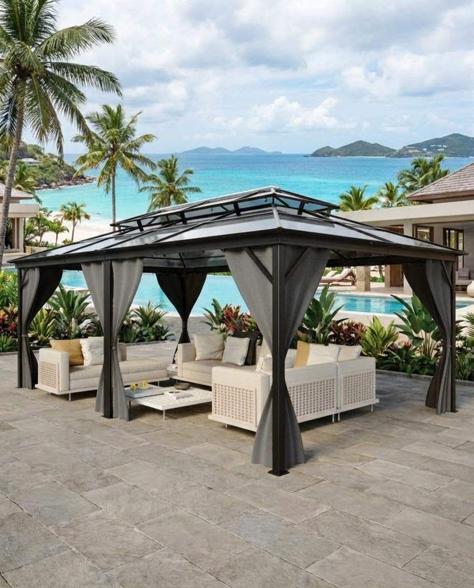12'X20' Hardtop Gazebo, All-Weather Aluminum Frame Outdoor Canopy with Double Polycarbonate Roof, Permanent Outdoor Gazebo with Netting & Curtains for Garden, Lawns, Patio, Grey.