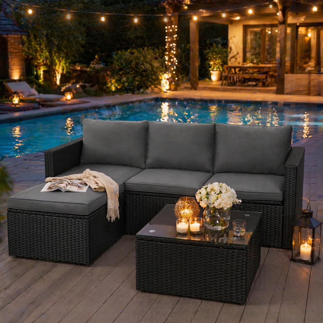 SUNLEI Patio Furniture Set with Detachable Soft Cushions, All Weather Outdoor PE Rattan Patio Conversation Sofa Set, Black Rattan/Grey