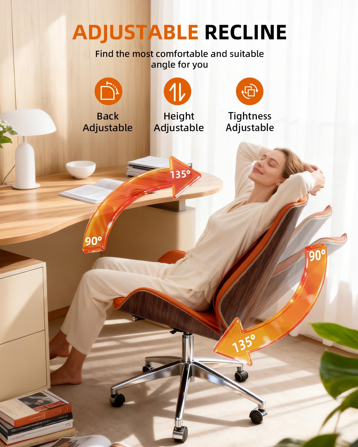 Executive Massage Office Chair Ergonomic Luxury Desk Chair with Handcrafted Wood Veneer 6-Point Vibration for Sciatica Relief 135° Recline, Big and Tall Support for Home & Workspace (Orange)