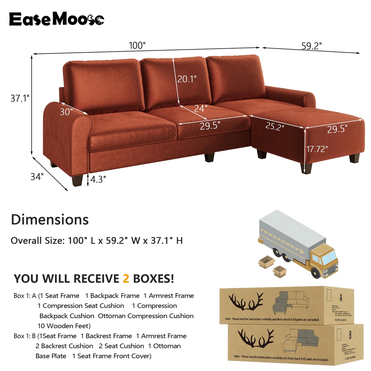 EASE MOOSE Large Seat Velvet L-Shaped Sofa, Soft 4 Seat Couch with Reversible Chaise, Comfy Sectional Modular Sofa with Removable Washable Covers for Living Room and Small Space, Caramel