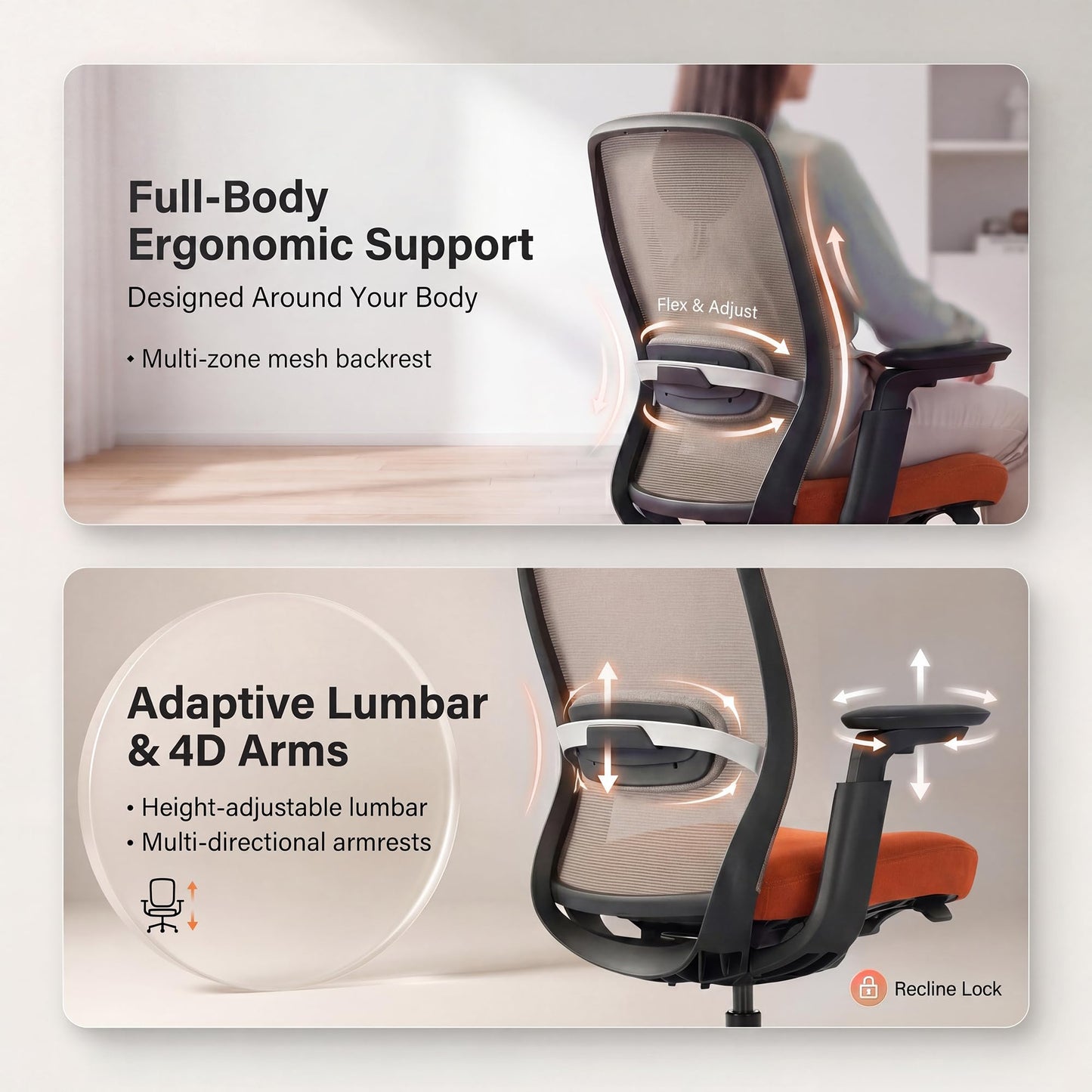 COLAMY Aether Executive Office Chair for Long Hours, One-Touch Easy Adjust Managerial Desk Chair with Levitating Seat Cushion & Pilot-Level Sync Armrests, 300 LBS Mid Back Mesh Computer Chair,Orange