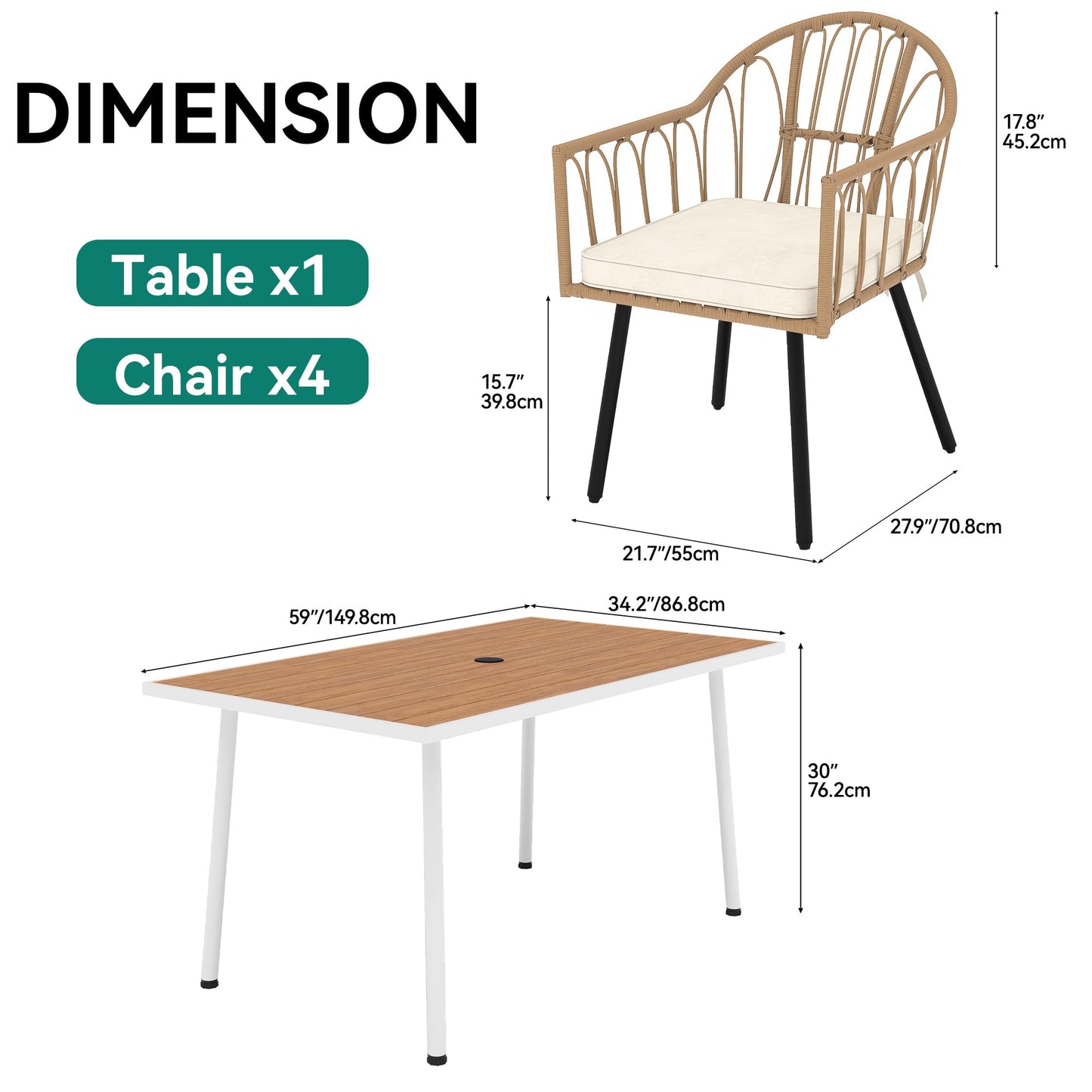 YITAHOME Outdoor Patio Dining Set 5pcs 59" Outdoor Table and Chairs Patio Dining Furniture Sets for 4/6 with Umbrella Hole Outdoor Dining Table Set for Garden Lawn Porch Indoor Brown