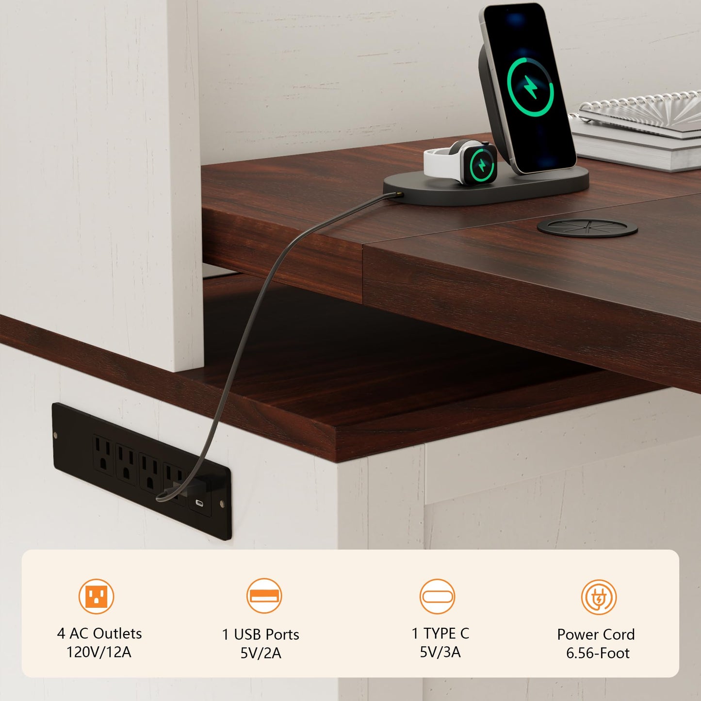 Homiflex 71" L Shaped Electric Standing Desk with Hutch and 3 Drawers, Farmhouse Height Adjustable Sit Stand Desk, Large Corner Computer Desk with File Cabinet, Power Outlets & LED Lights, White
